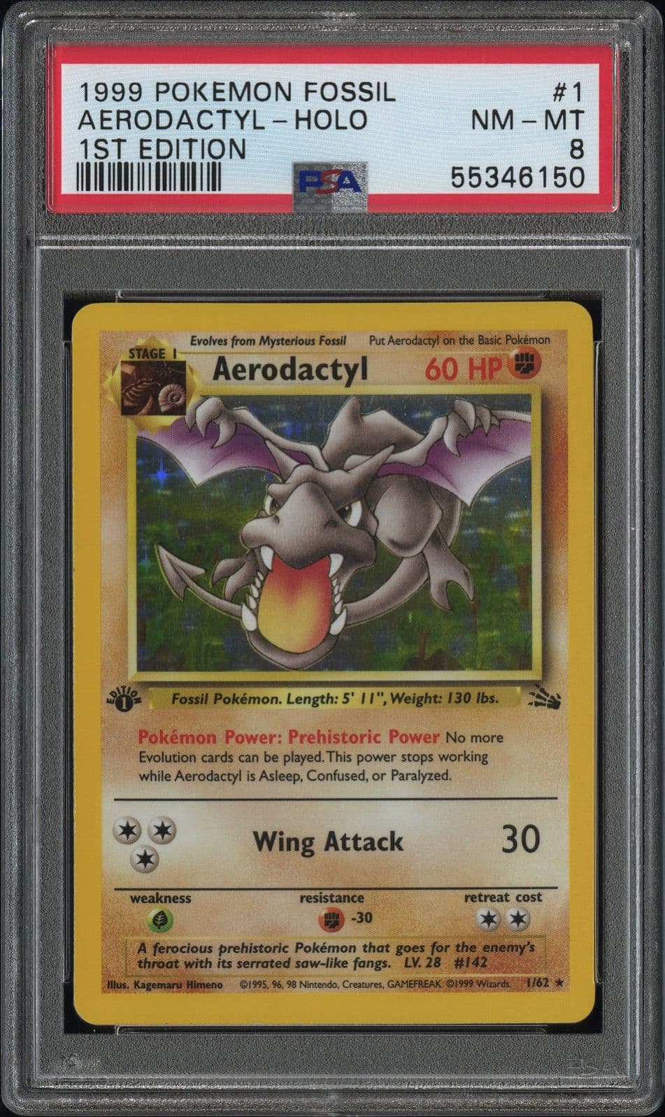 PSA 8 1999 POKEMON AERODACTYL FOSSIL 1ST EDITION HOLO RARE #1/62
