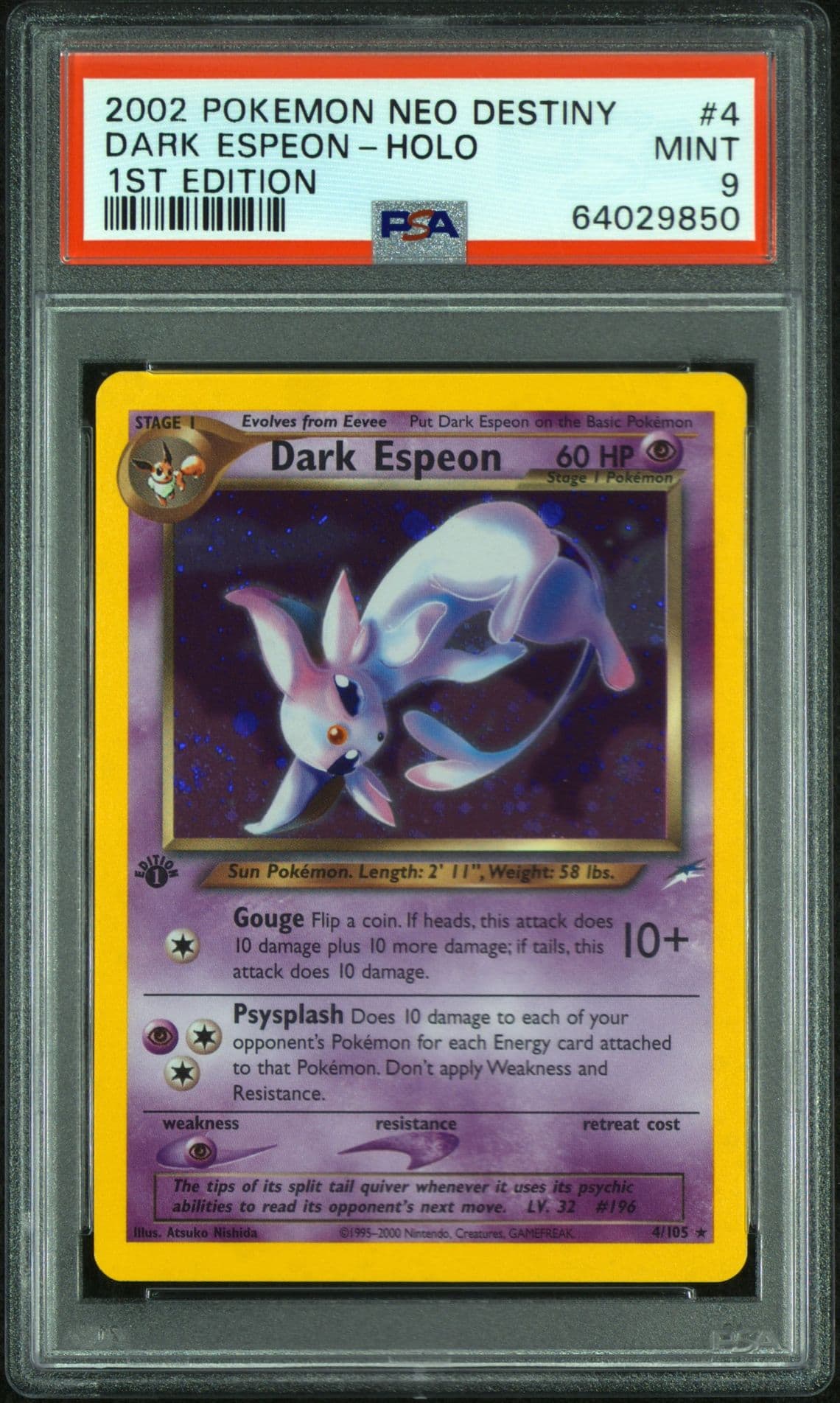 SWIRL 2002 Pokemon Neo Destiny Dark Espeon 1st Edition Holo #4 - PSA 9