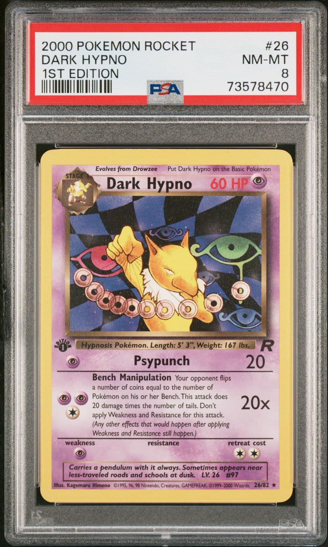 Pokemon Team Rocket 1st Edition Dark Hypno card, specifically #26 Psa 8