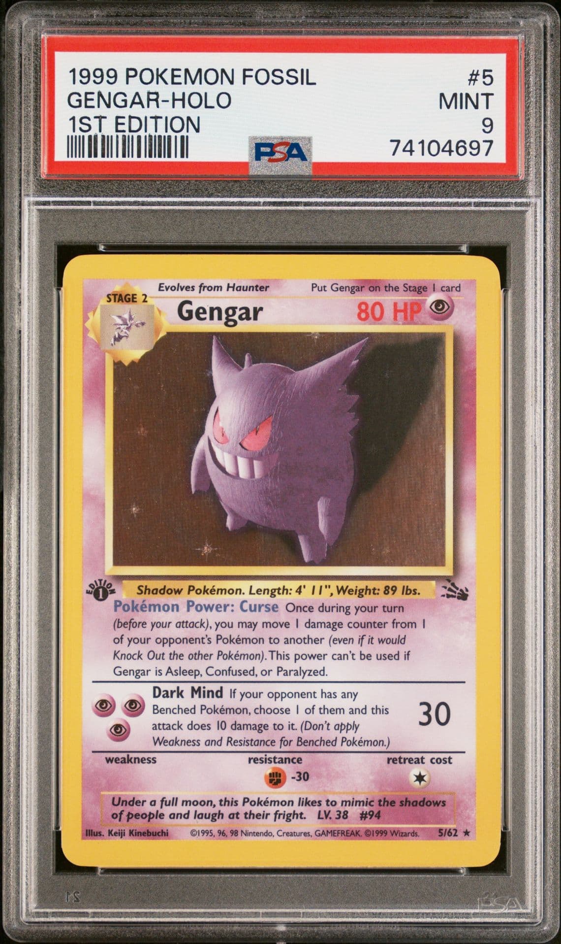 PSA 9 Gengar Holo 1999 Pokemon Fossil 1st Edition Mirror Error Incomplete 5/62