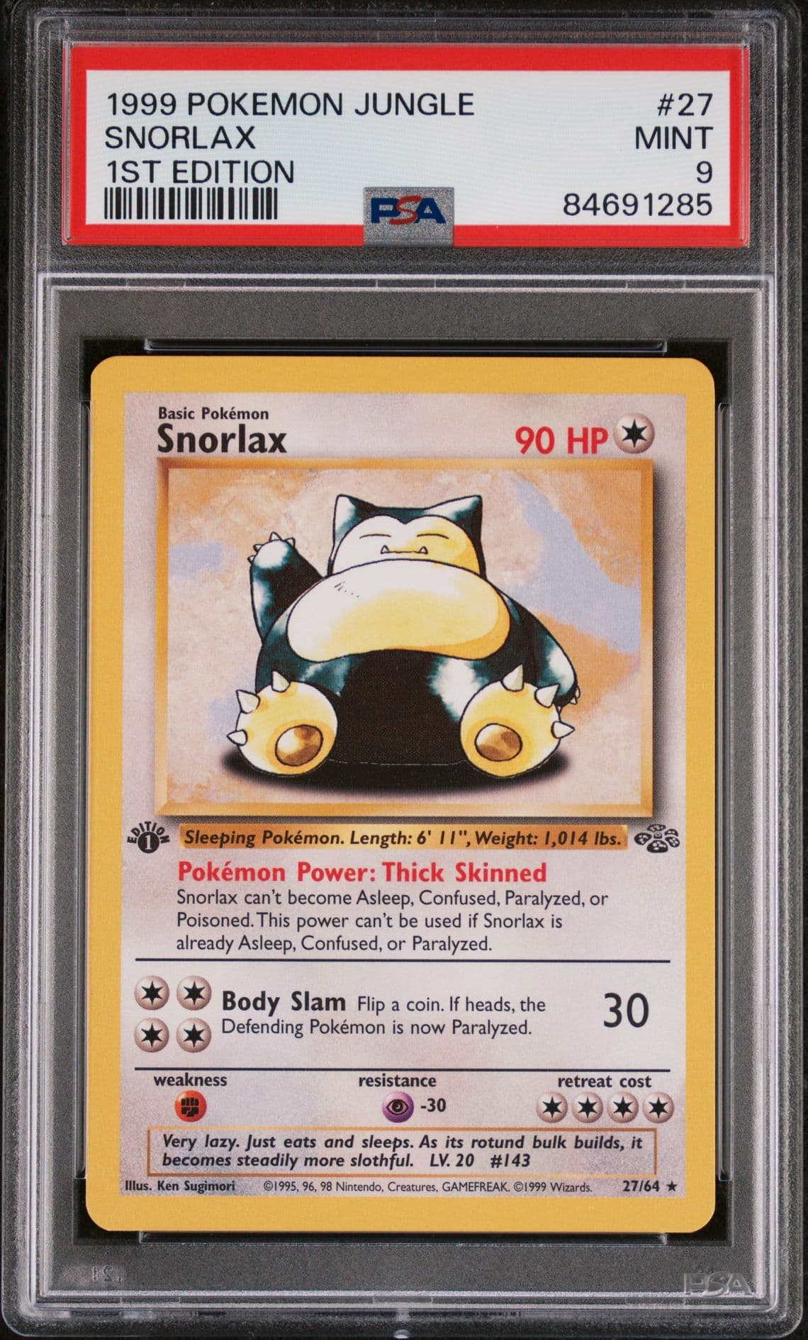 😴 SNORLAX 1ST EDITION 27/64 – JUNGLE (1999) – PSA 9 MINT