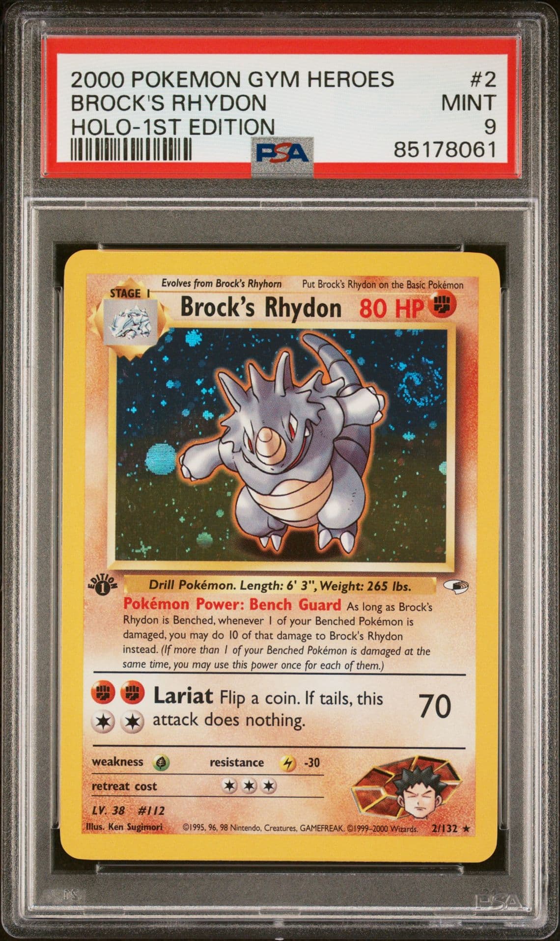 2000 Pokemon Gym Heroes Brock's Rhydon 1st Edition Holo 2/132 PSA 9 w/ SWIRL