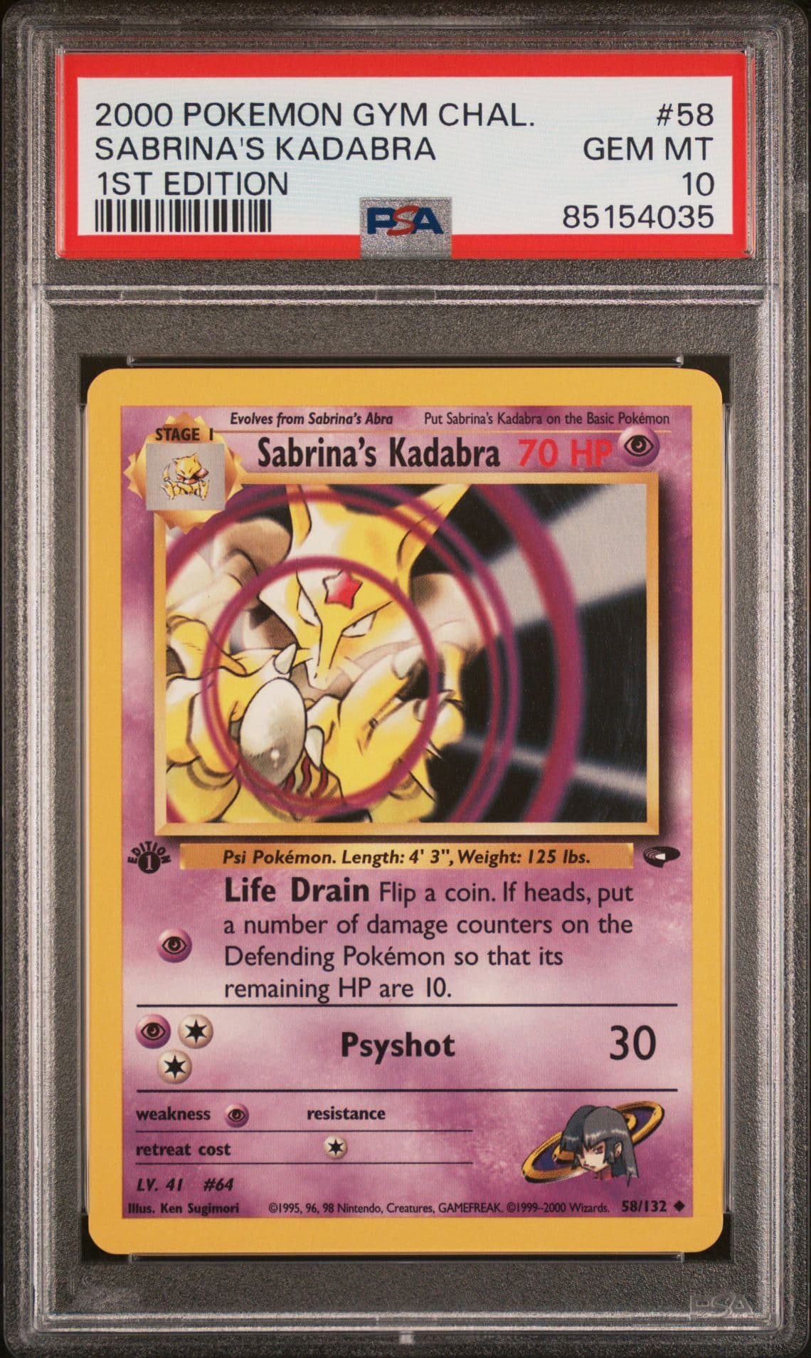 Pokemon Sabrina's Kadabra 58/132 1st Edition Gym Challenge PSA 10