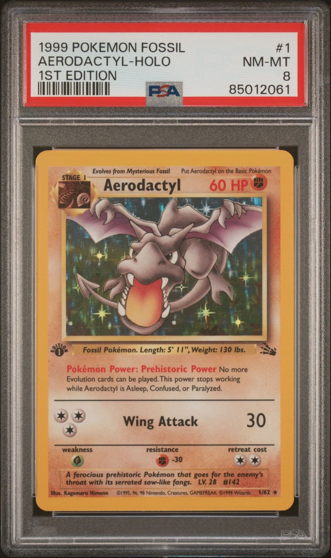1999 Pokemon Fossil AERODACTYL HOLO 1ST EDITION 1/62 PSA 8 NM-MT