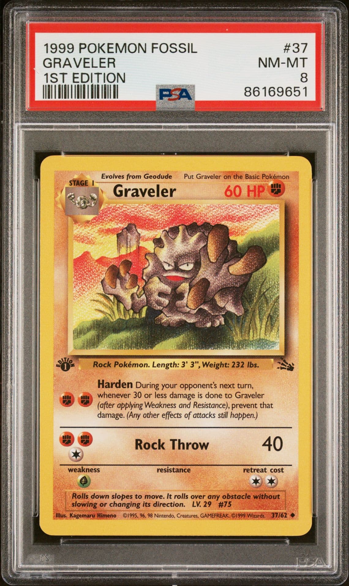 1999 Pokemon Fossil 1st First Edition Graveler 37/62 Non Holo PSA 8 NM-MT