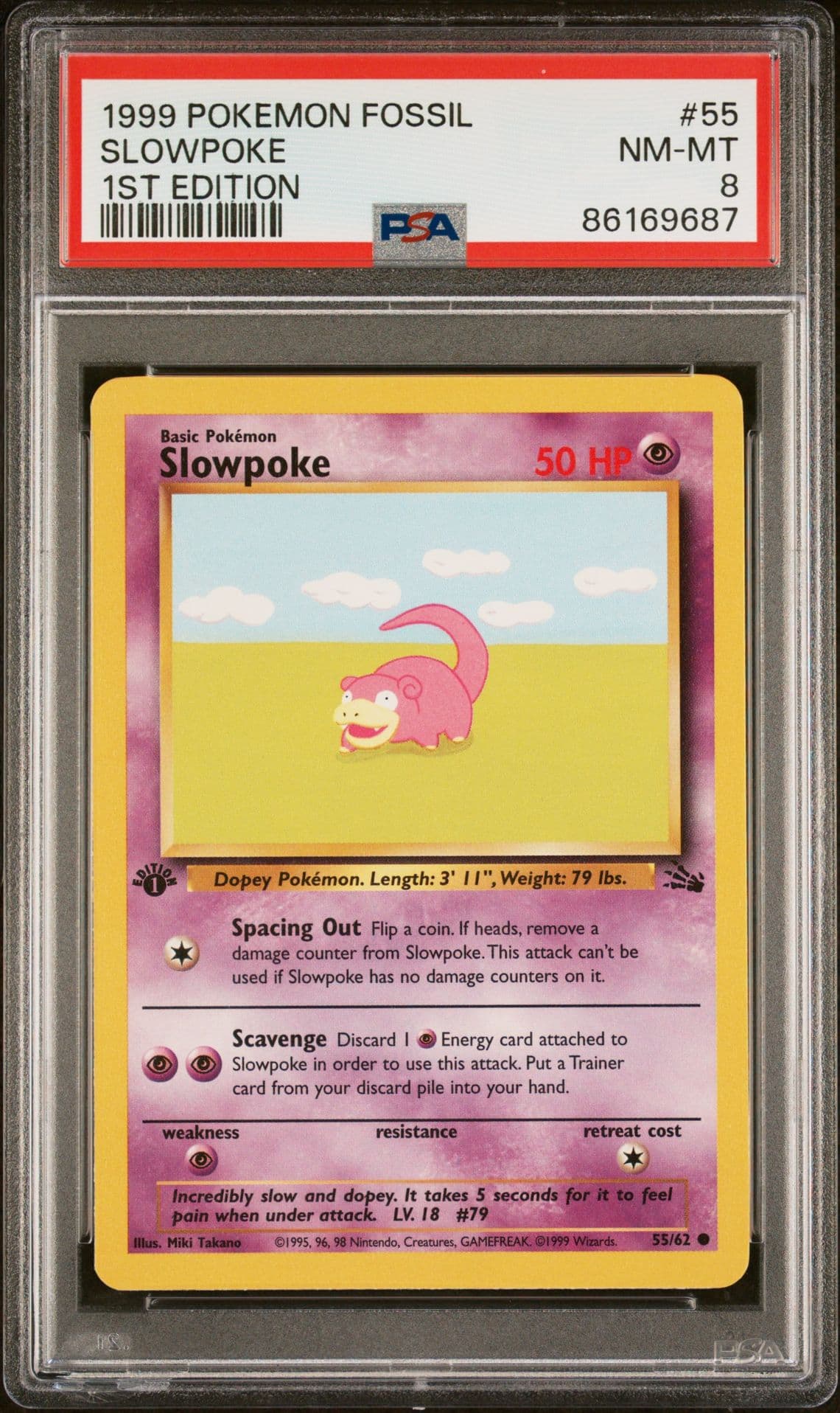 1999 Pokemon Fossil 1st First Edition Slowpoke 55/62 Non Holo PSA 8 NM-MT