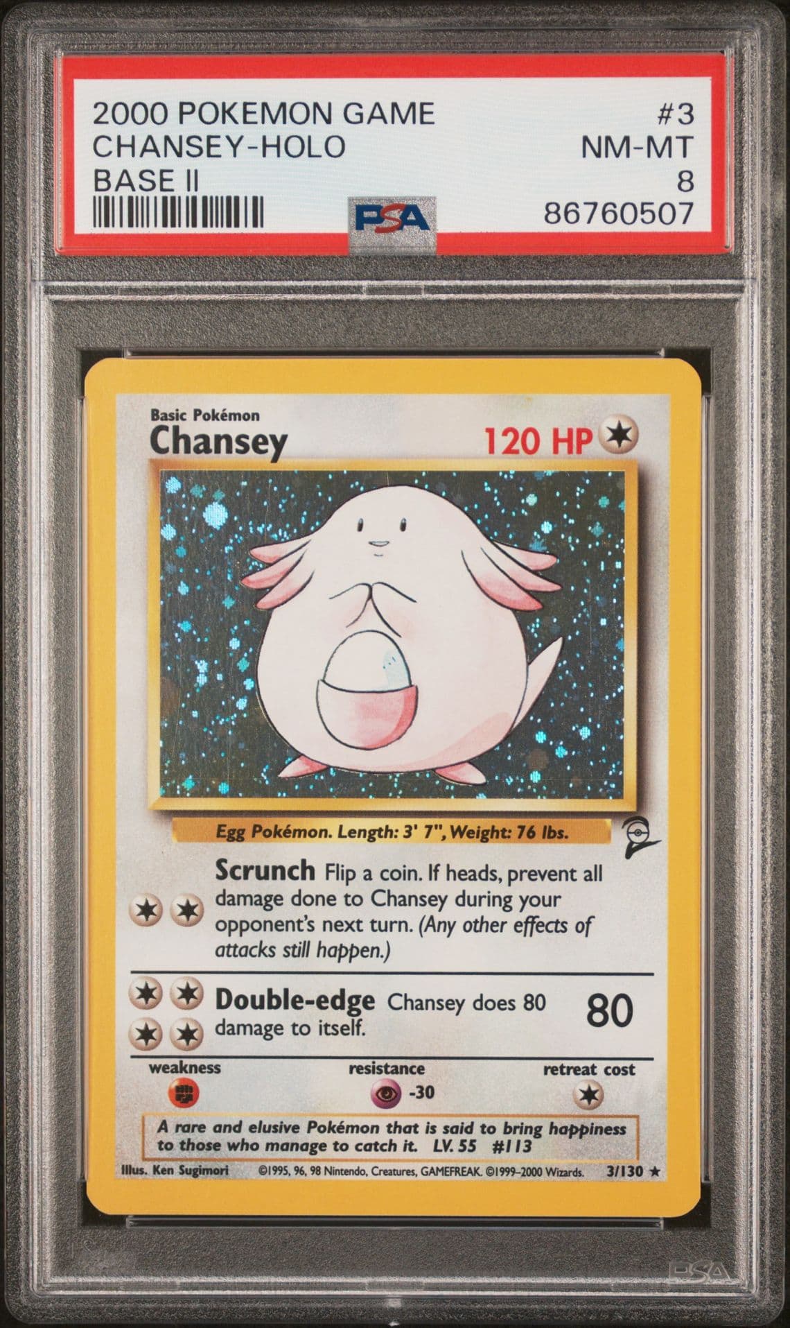 2000 POKEMON BASE SET 2 #3 CHANSEY-HOLO PSA 8