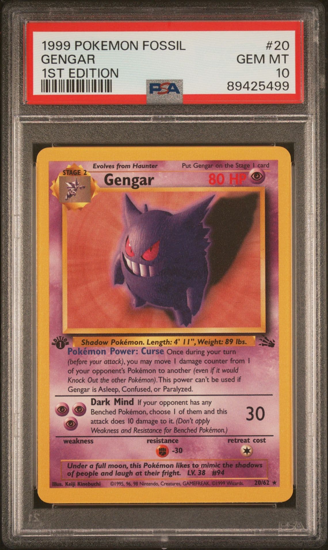 Pokemon Gengar Fossil 1st Edition NON Holo Rare #20 PSA 10 Gem Mint
