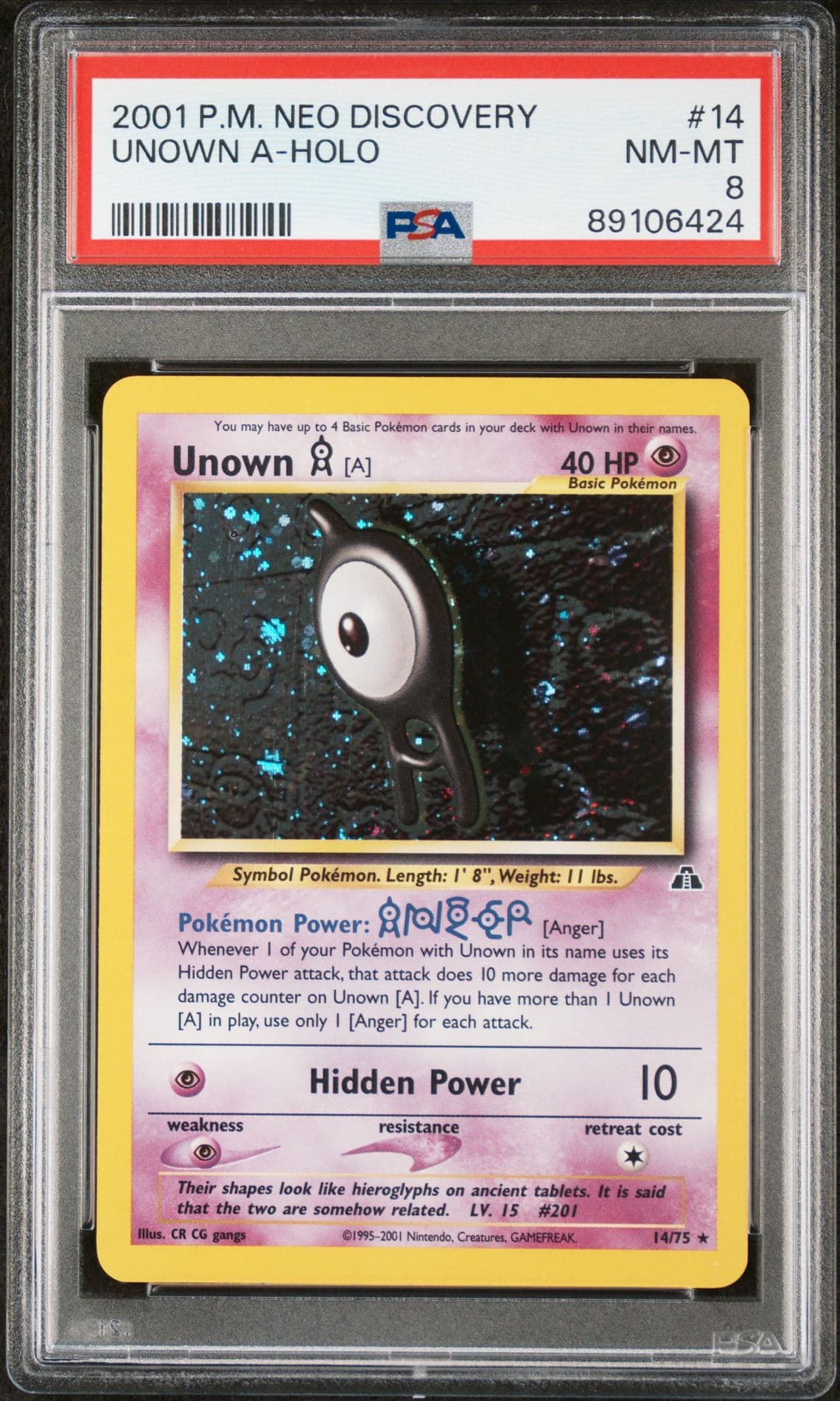 2001 Pokémon Neo Discovery Unown A Holo #14 PSA 8 NM-MT Vintage Card 14/75