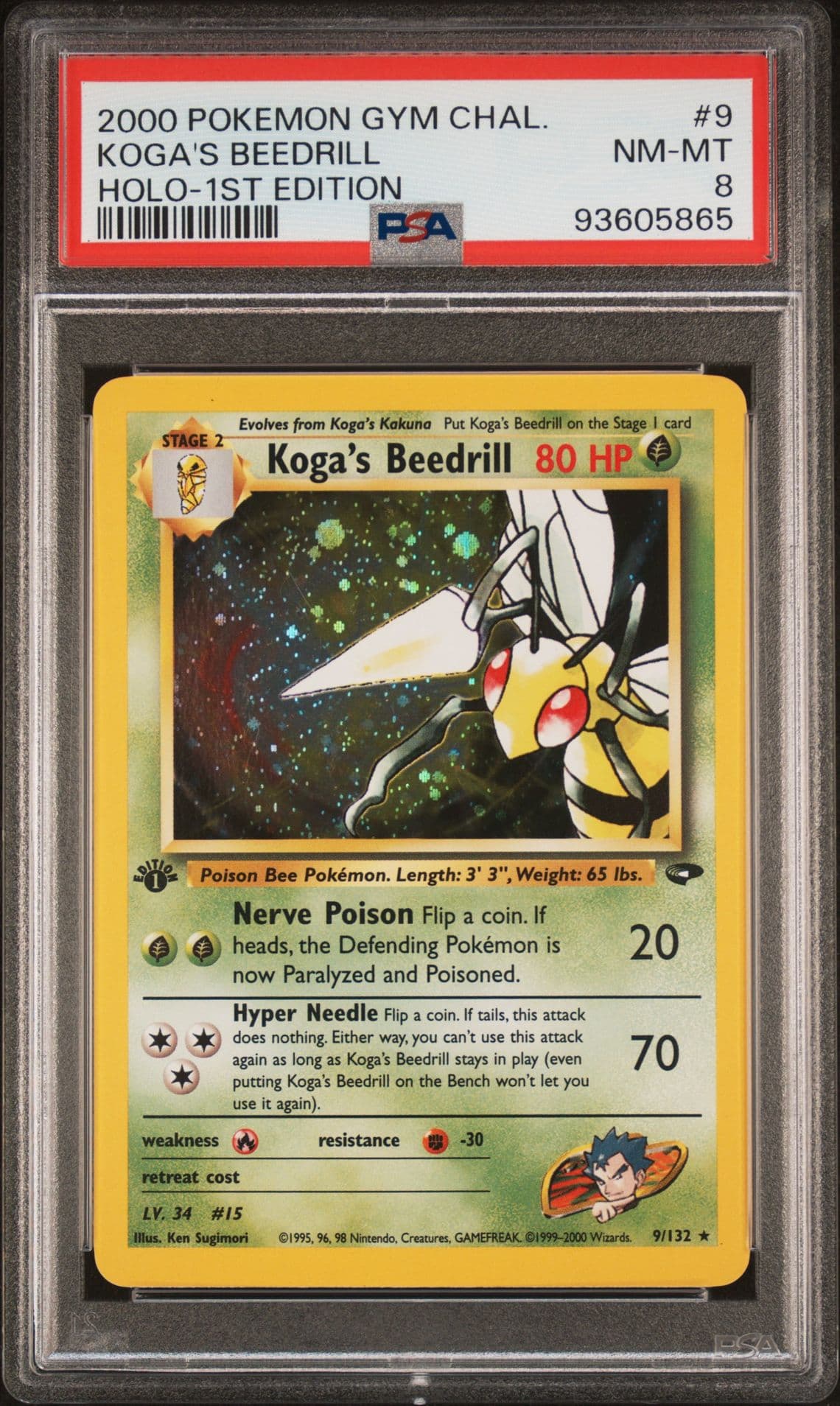 Koga's Beedrill 9/132 1st Ed. Gym Challenge Holo Rare Pokemon Card. PSA 8 NM-MT