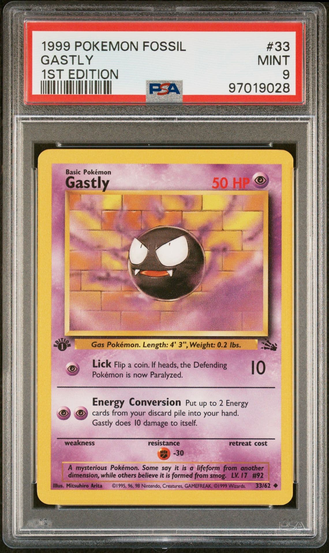Pokémon Fossil Gastly 33/62 1st Edition Regular Uncommon PSA 9 LOW POP