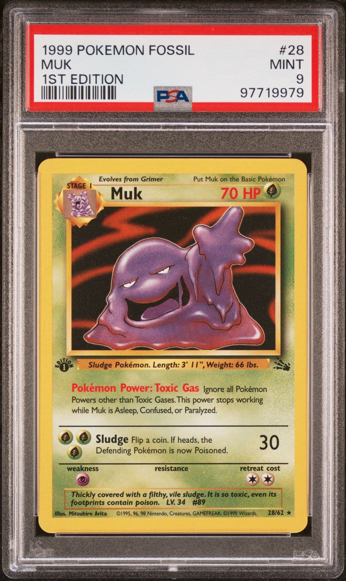 Pokémon Fossil 1999 1st Edition Muk, PSA 9, #28/62