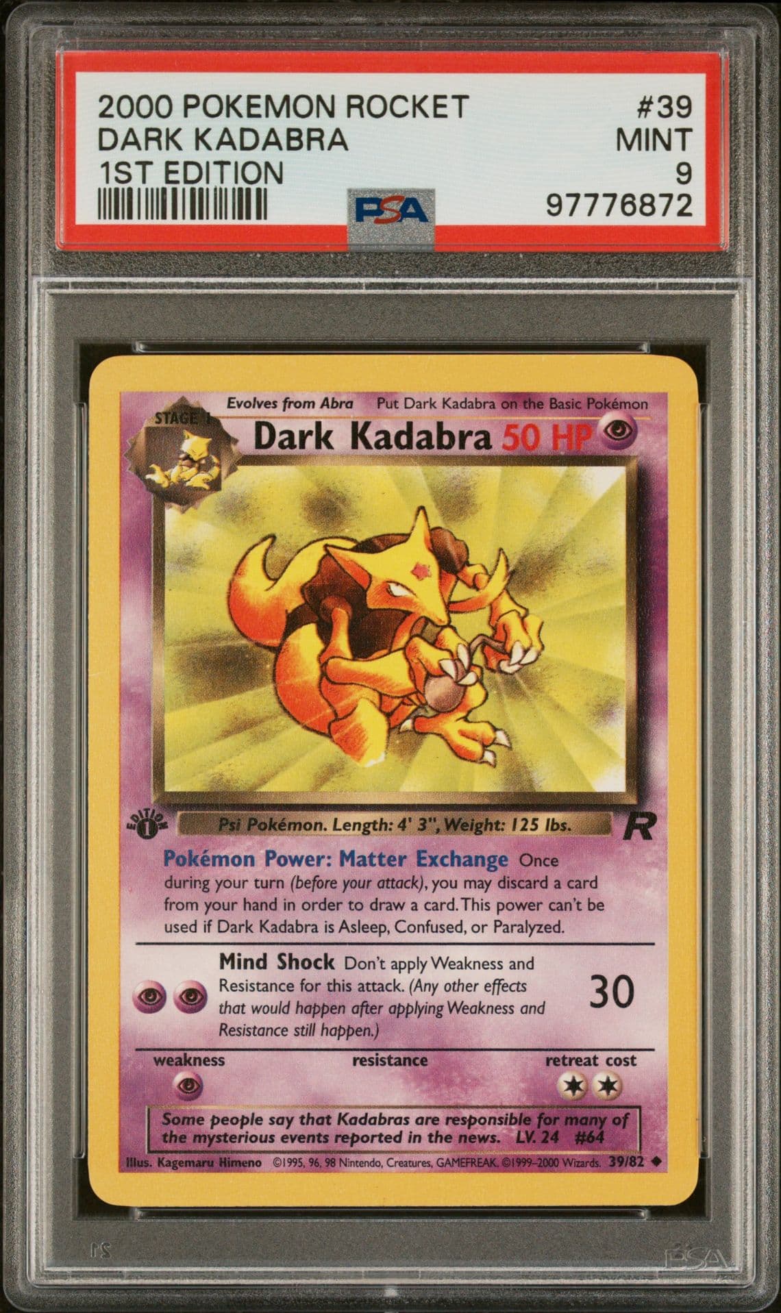 2000 Pokemon Team Rocket Dark Kadabra 1st Edition 39/82 PSA 9 Mint
