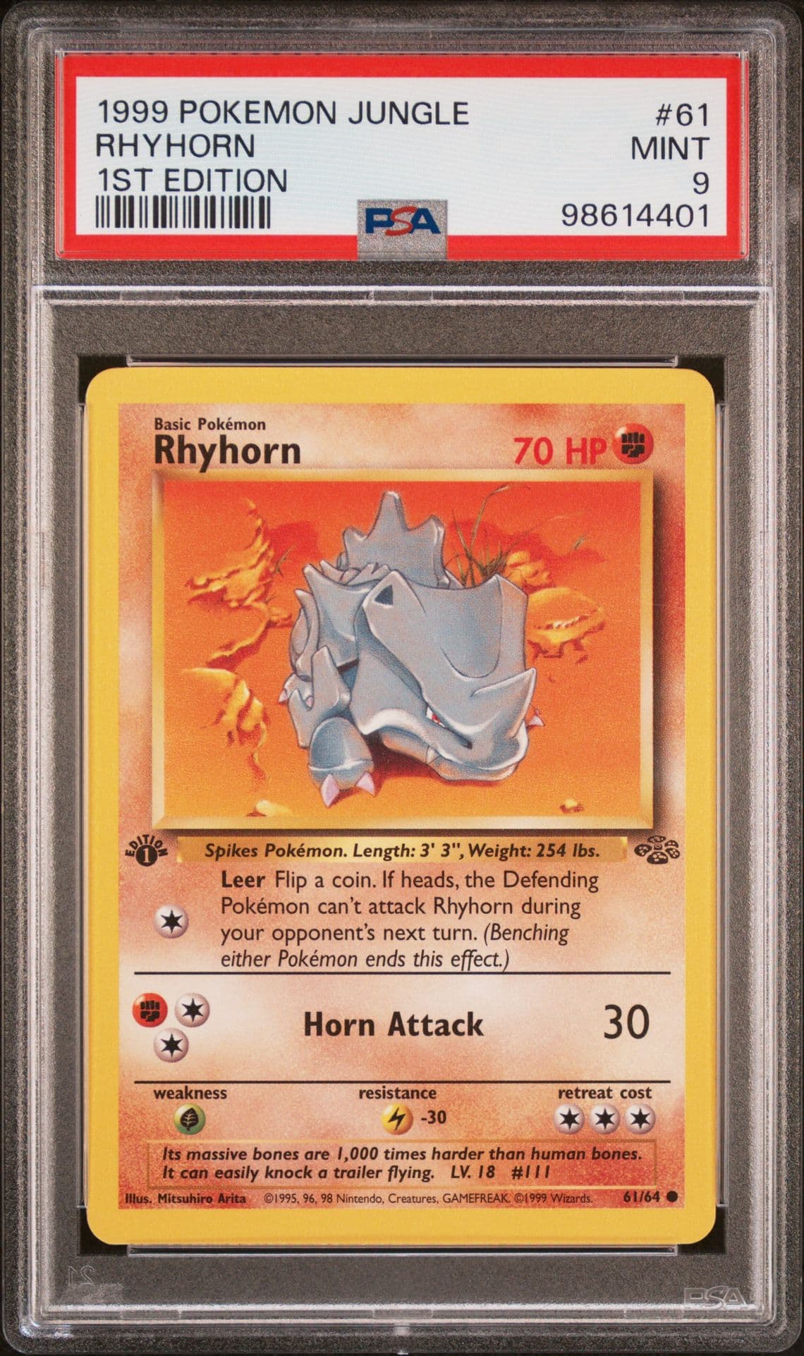 1999 Pokémon Jungle 1st Edition Rhyhorn #61 PSA 9 Mint