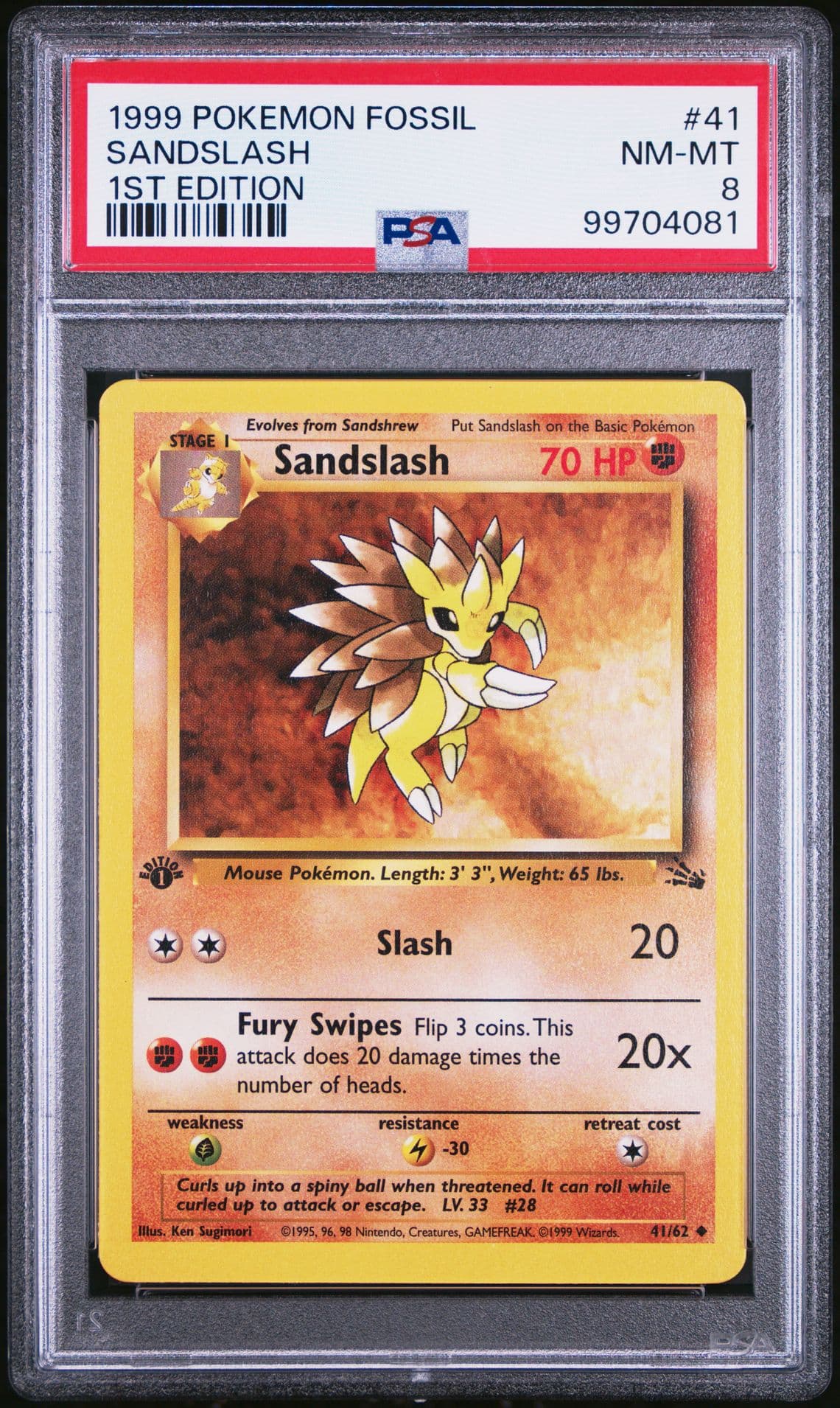 1999 POKEMON FOSSIL 1ST ED #41 SANDSLASH PSA 8