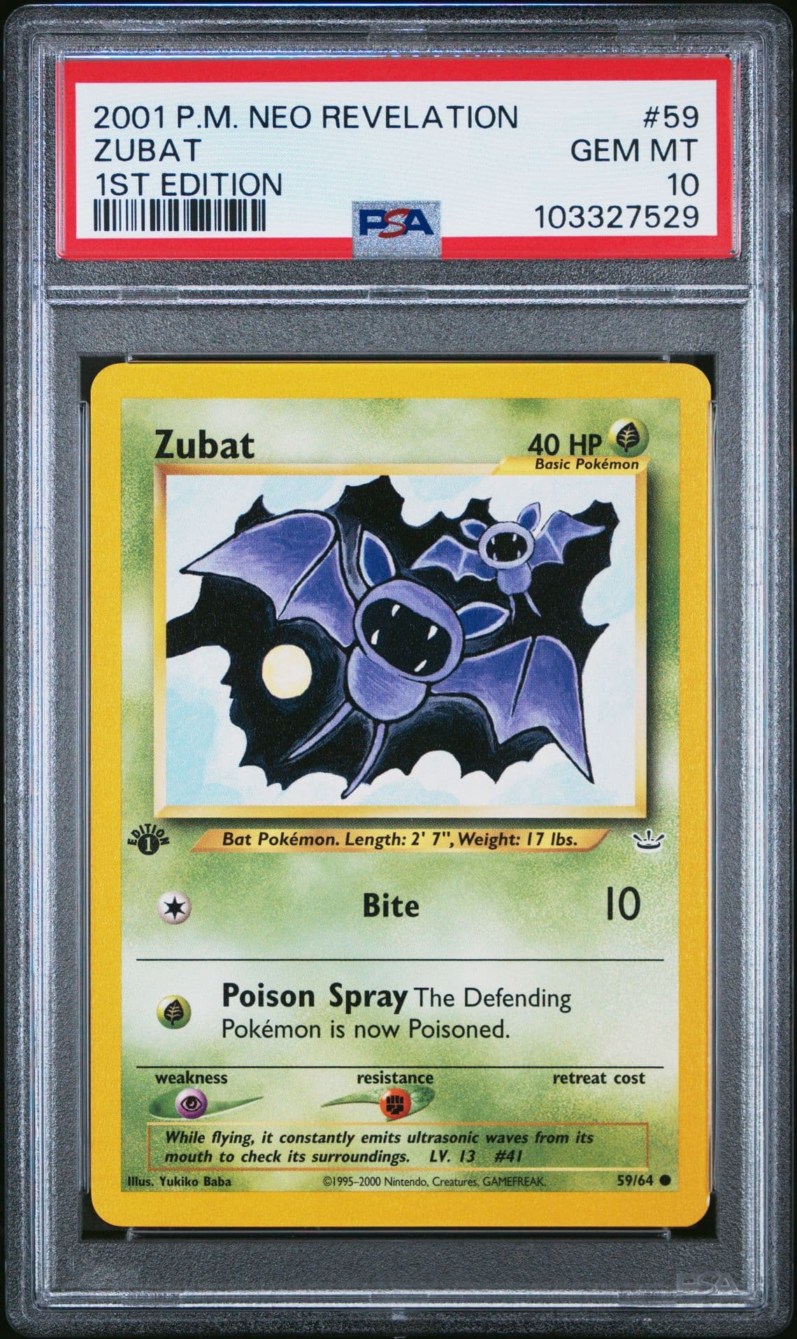 Pokémon TCG Zubat Neo Revelation 1st Edition Common Card 59/64 PSA 10