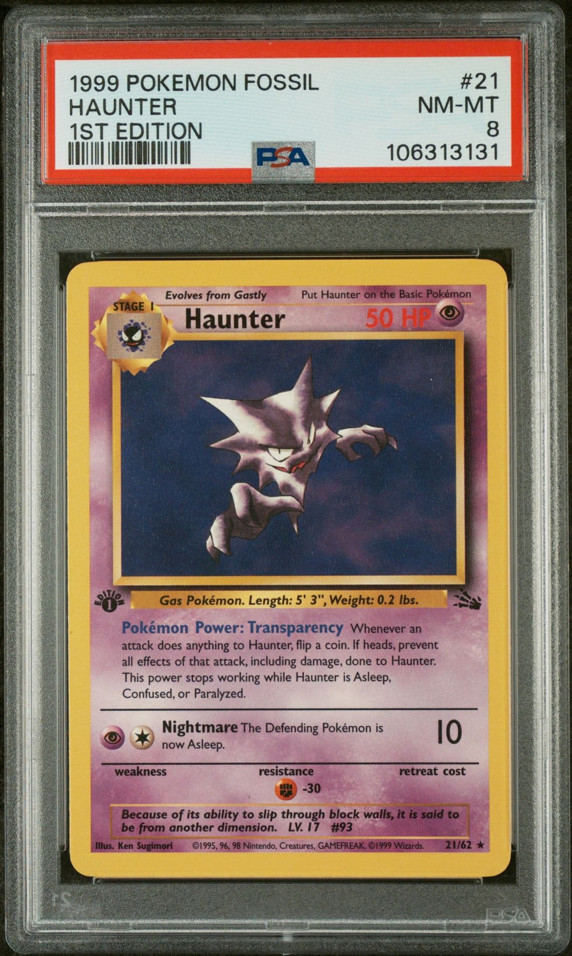 1999 POKEMON FOSSIL 1ST EDITION #21 HAUNTER PSA 8