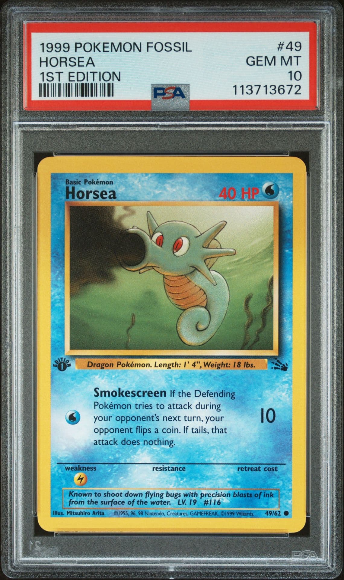 Pokémon Horsea Fossil 49/62 1st Edition PSA 10 Regular 1999 English TCG Wizards