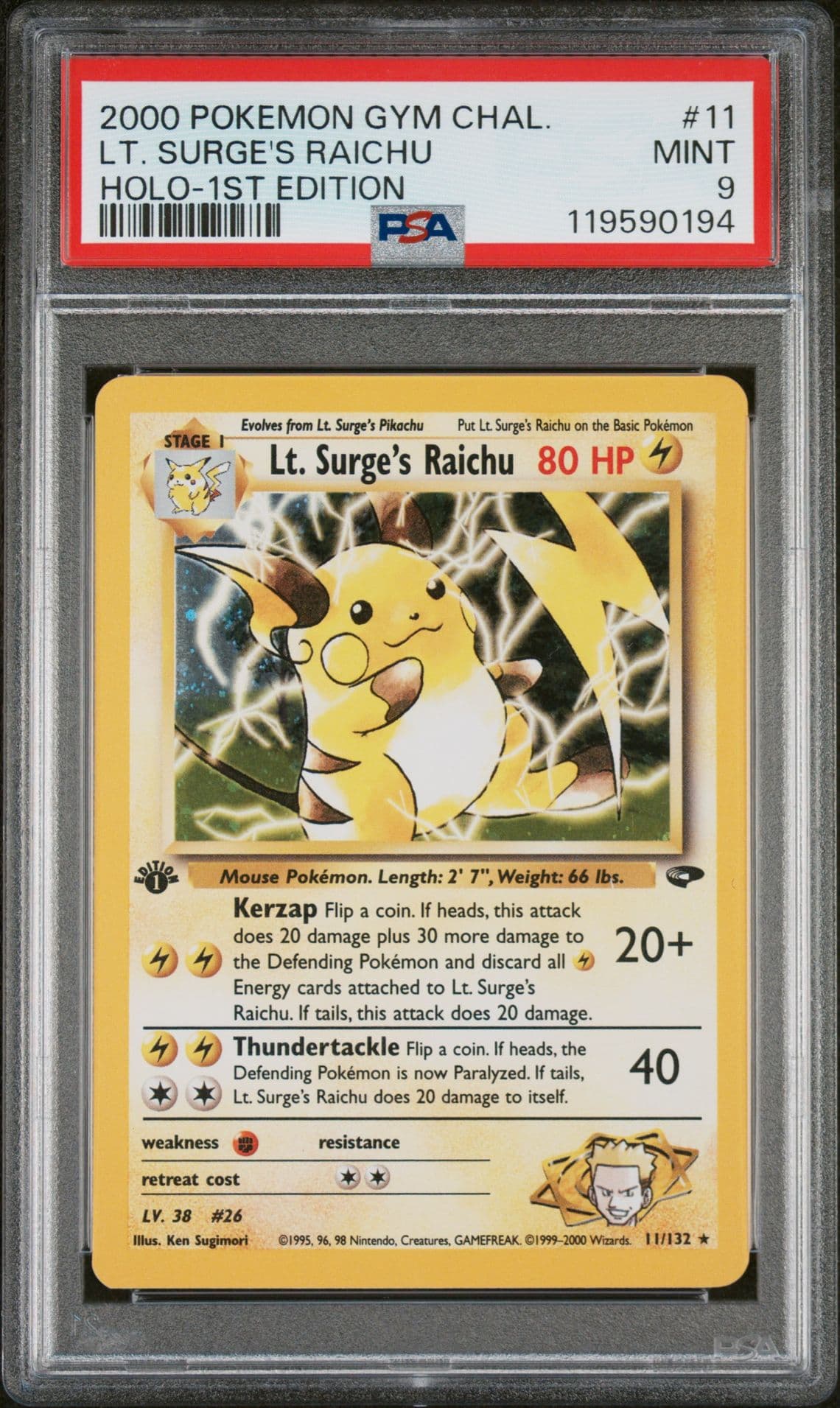 2000 POKEMON GYM CHALLENGE HOLO-1ST EDITION #11 LT. SURGE'S RAICHU PSA 9