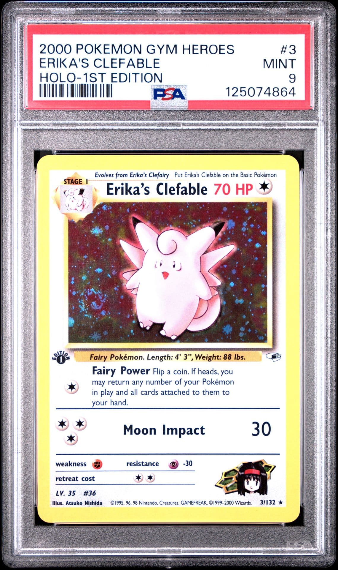 👀🔥Swirls!! 1st Edition ERIKA'S CLEFABLE Gym Heroes 2000 HOLO PSA 9 MINT 3/132