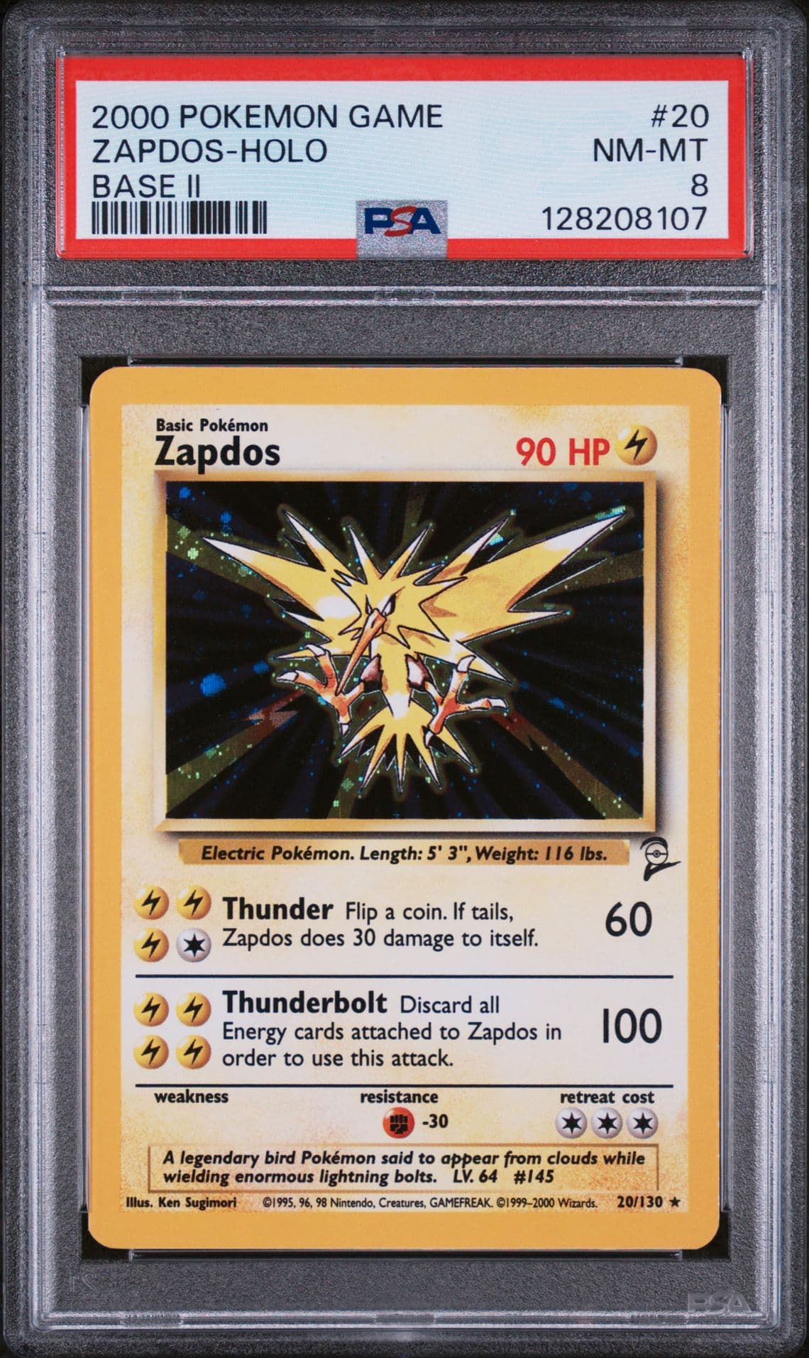 Pokemon Zapdos 20/130 WotC Base Set 2 Holo Rare PSA 8*