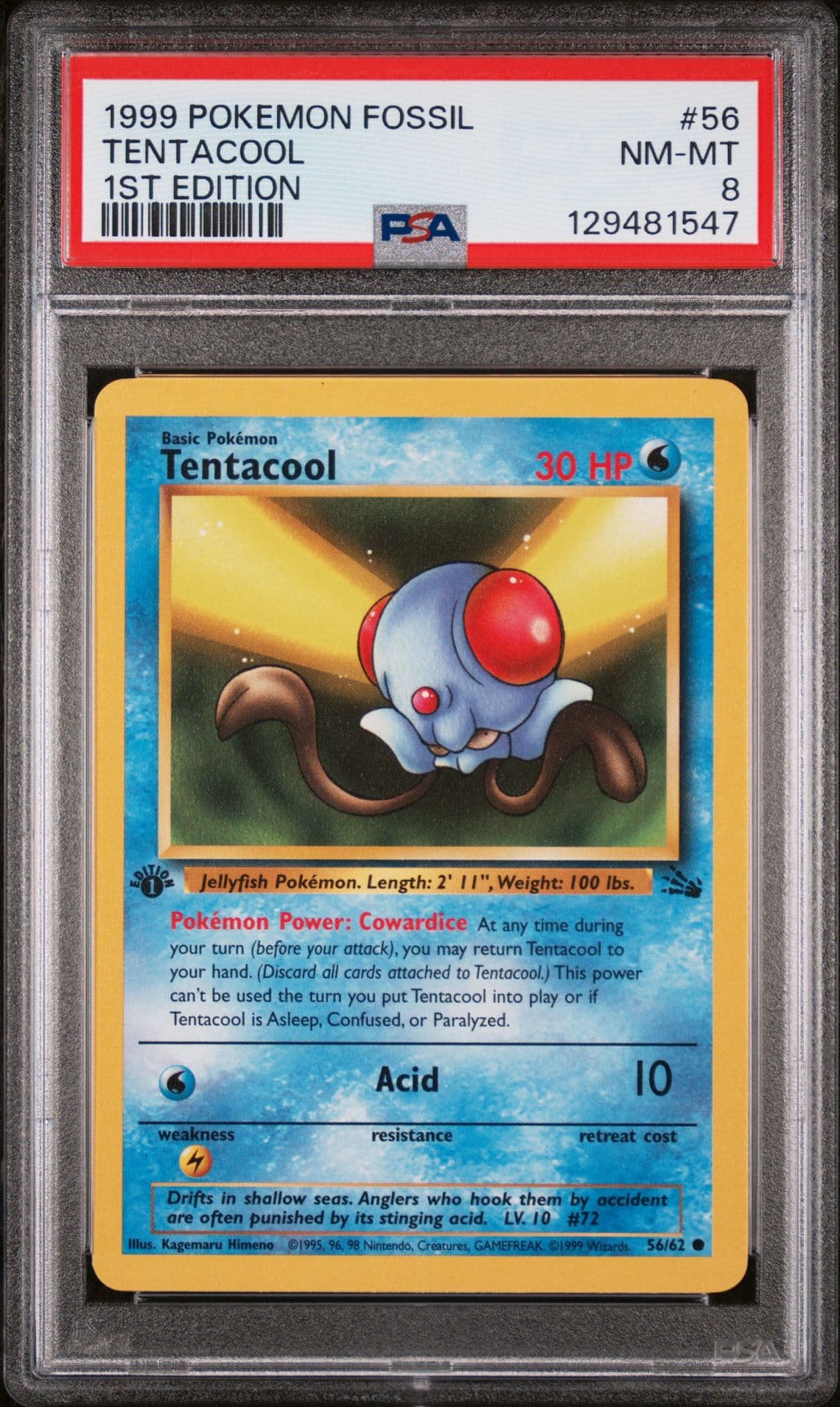 1999 POKEMON FOSSIL 1ST ED #56 TENTACOOL PSA 8