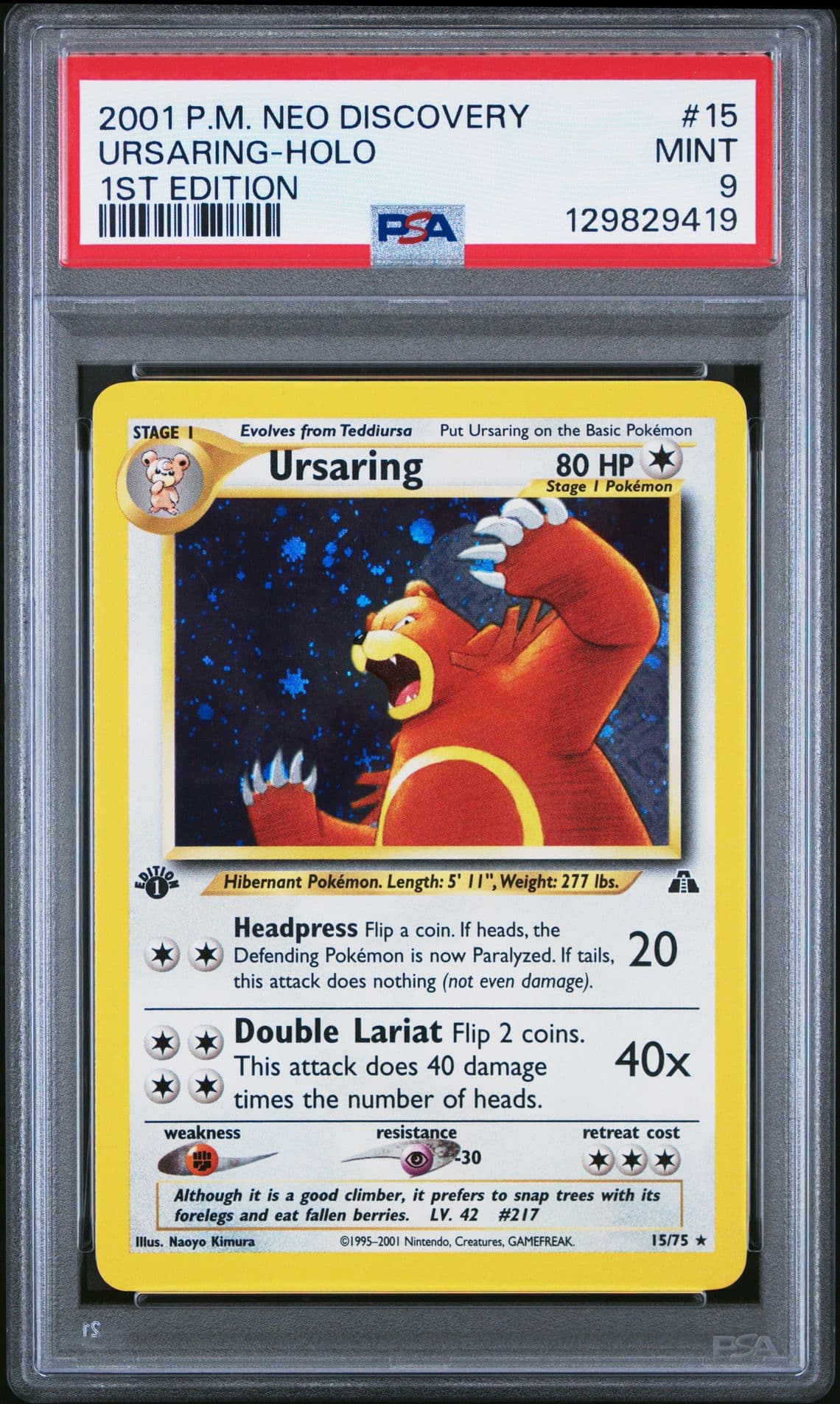 Pokemon 1st Edition Ursaring 15/75 - PSA 9 MINT - Neo Discovery Holo *New Cert!