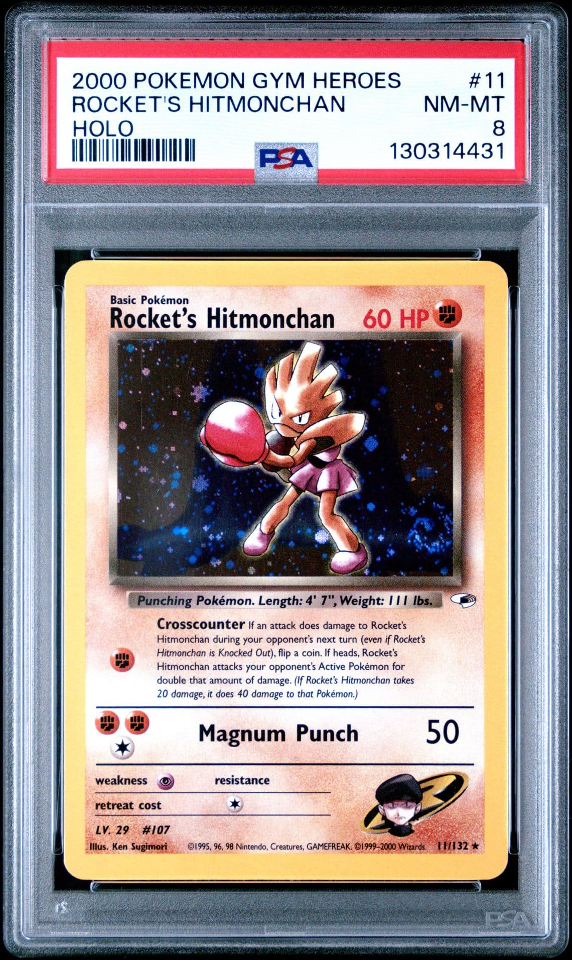 2000 POKEMON GYM HEROES HOLO-1ST EDITION #11 ROCKET'S HITMONCHAN PSA 8
