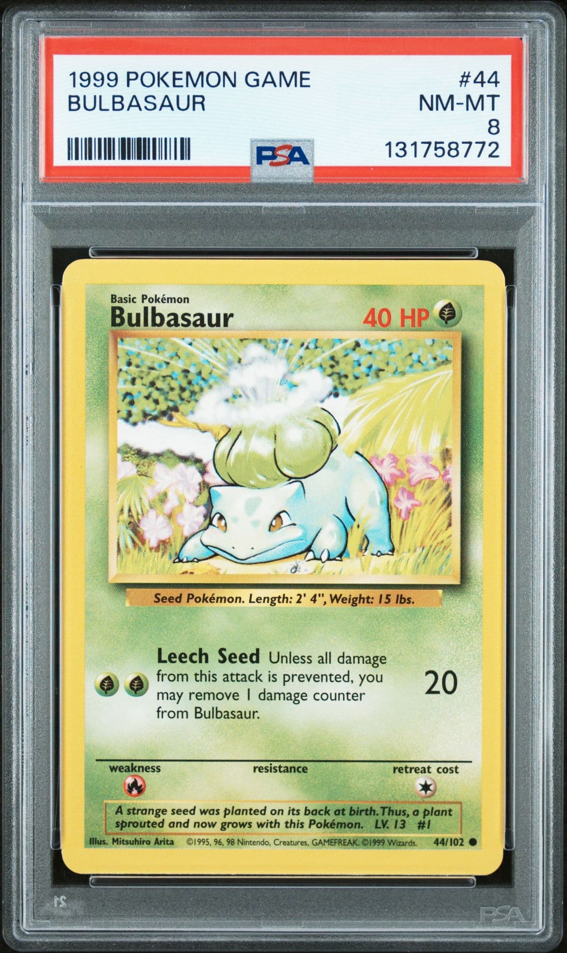 1999 Pokemon TCG Base Set Bulbasaur Common Card 44/102 PSA 8 NM-MT