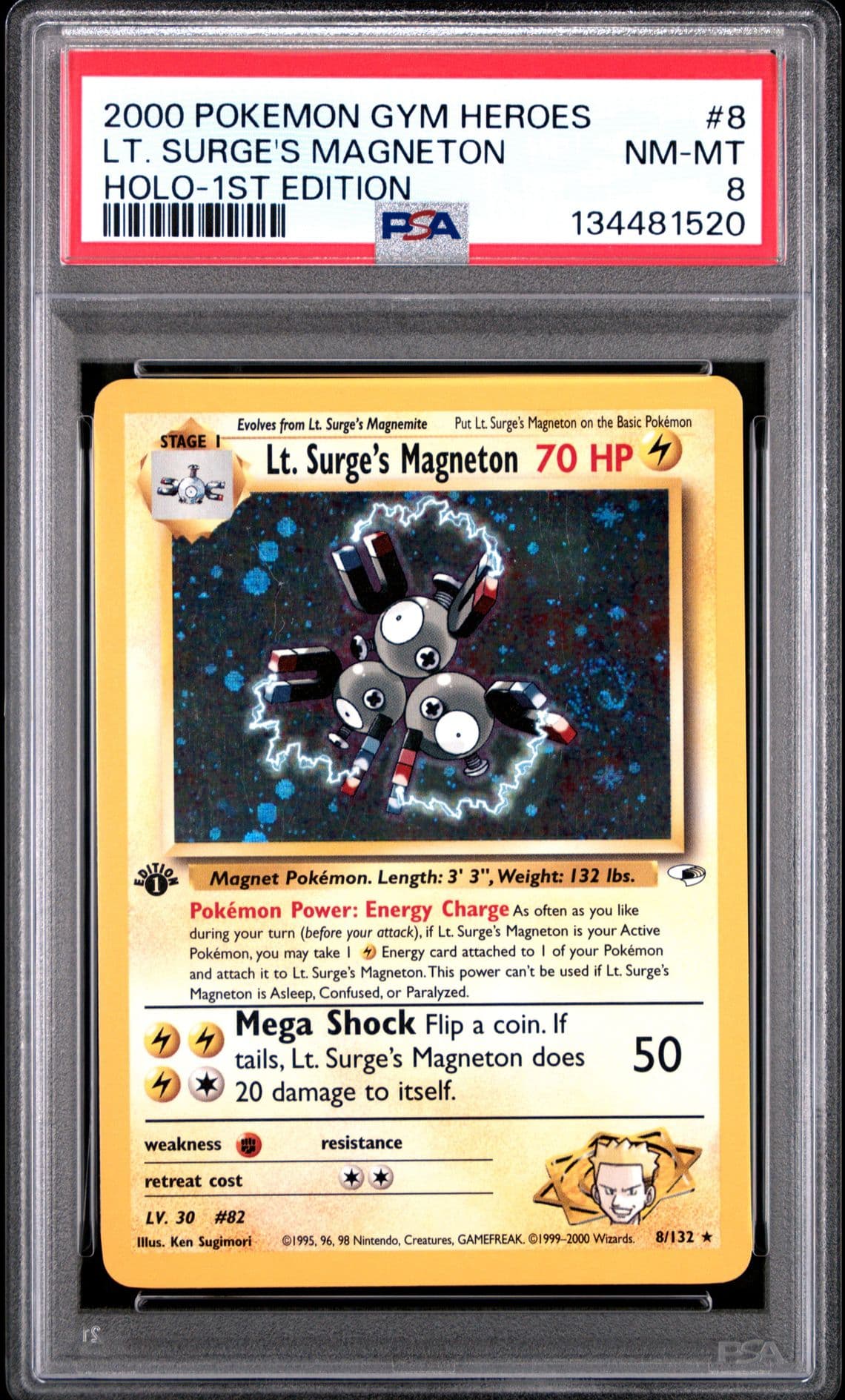 🌀 SWIRL🌀2000 POKEMON GYM HEROES HOLO-1ST EDITION #8 LT. SURGE'S MAGNETON PSA 8