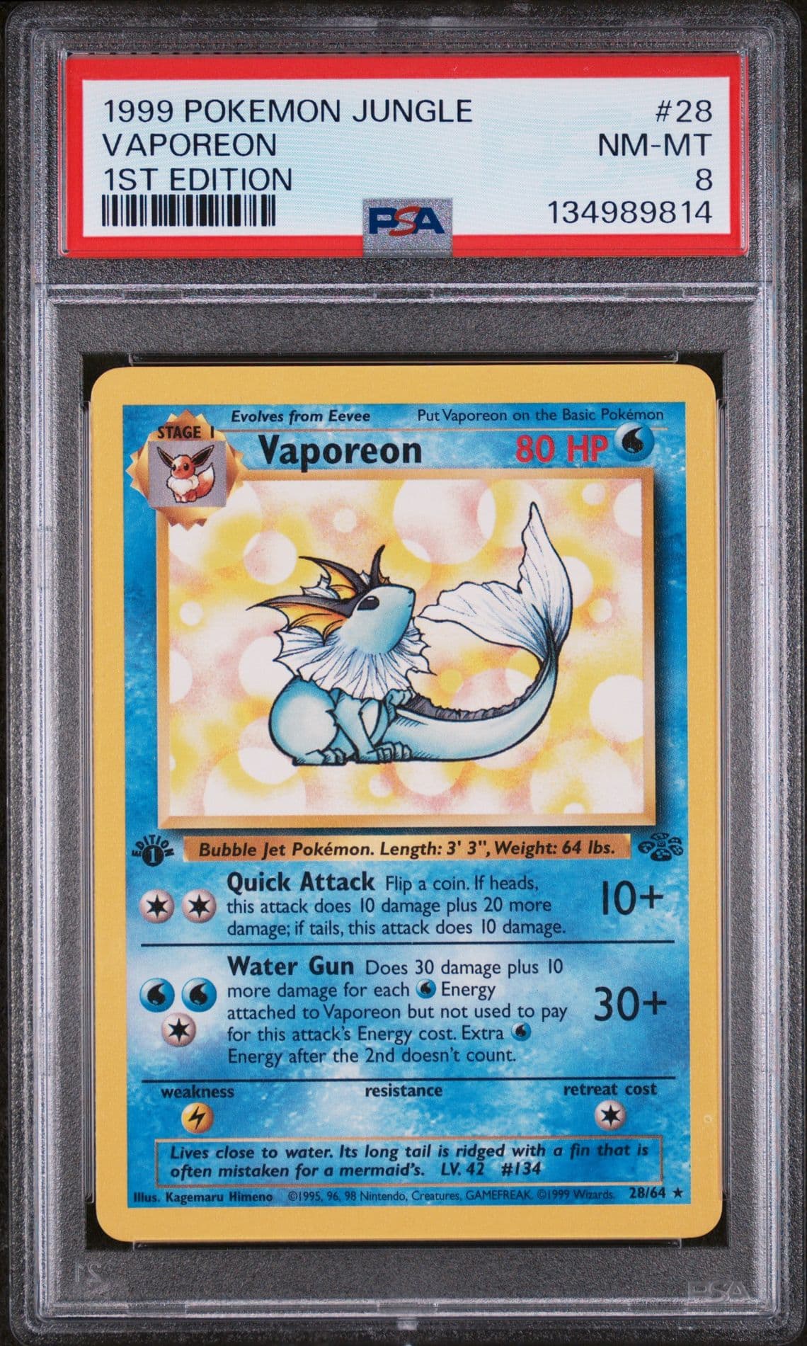 1999 Pokemon Jungle- 1ST EDITION- Vaporeon #12. 12/64. PSA 8. 🔥 🔥.