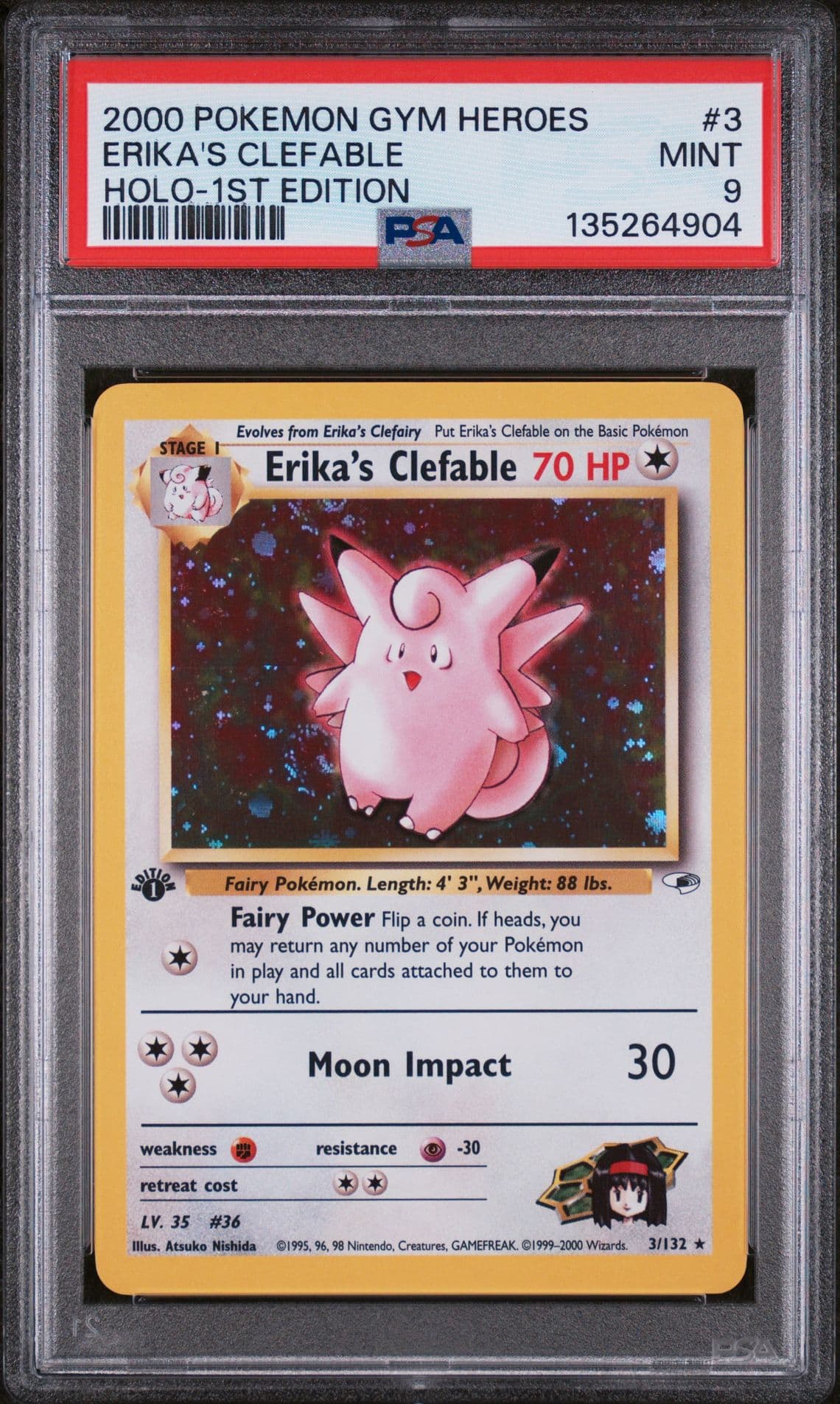 PSA 9 Erika’s Clefable 1st Edition Holo #3 Gym Heroes Pokemon 2000 Multi Swirl🌀