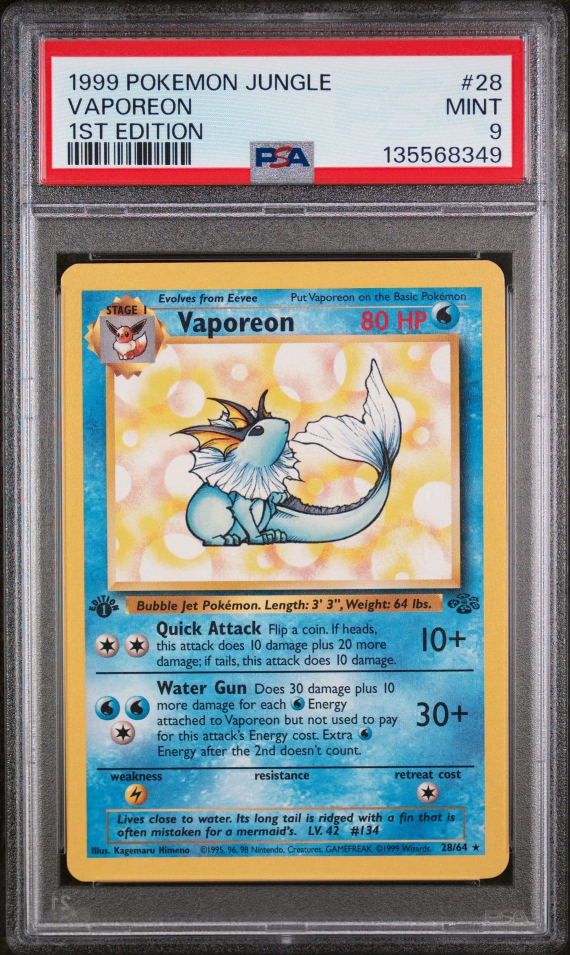 Vaporeon Non-Holo 28/64 Rare Pokemon Jungle 1st Edition PSA 9