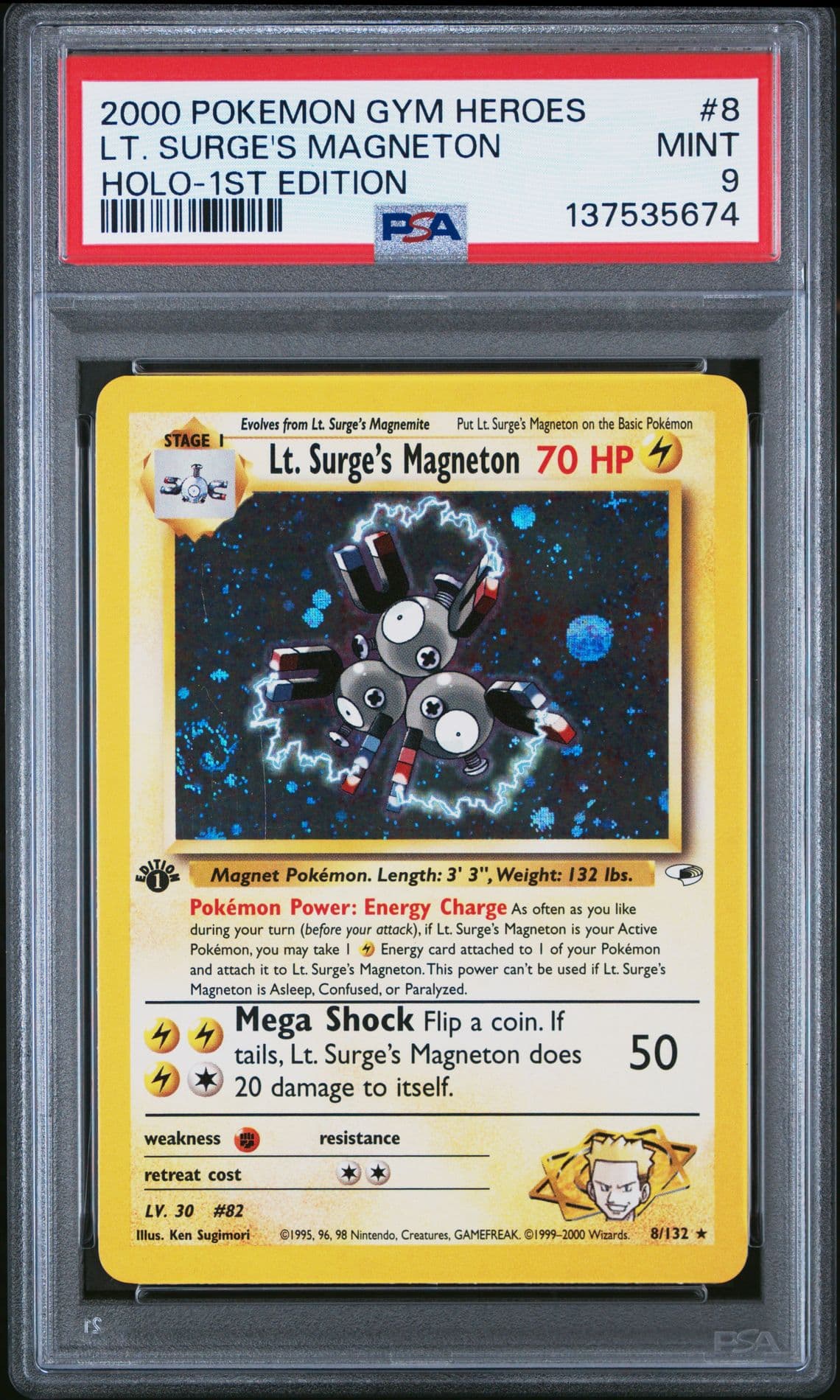 Pokemon Lt. Surge's Magneton 1st Edition Holo Rare Gym Heroes #8 PSA 9 🌀SWIRL
