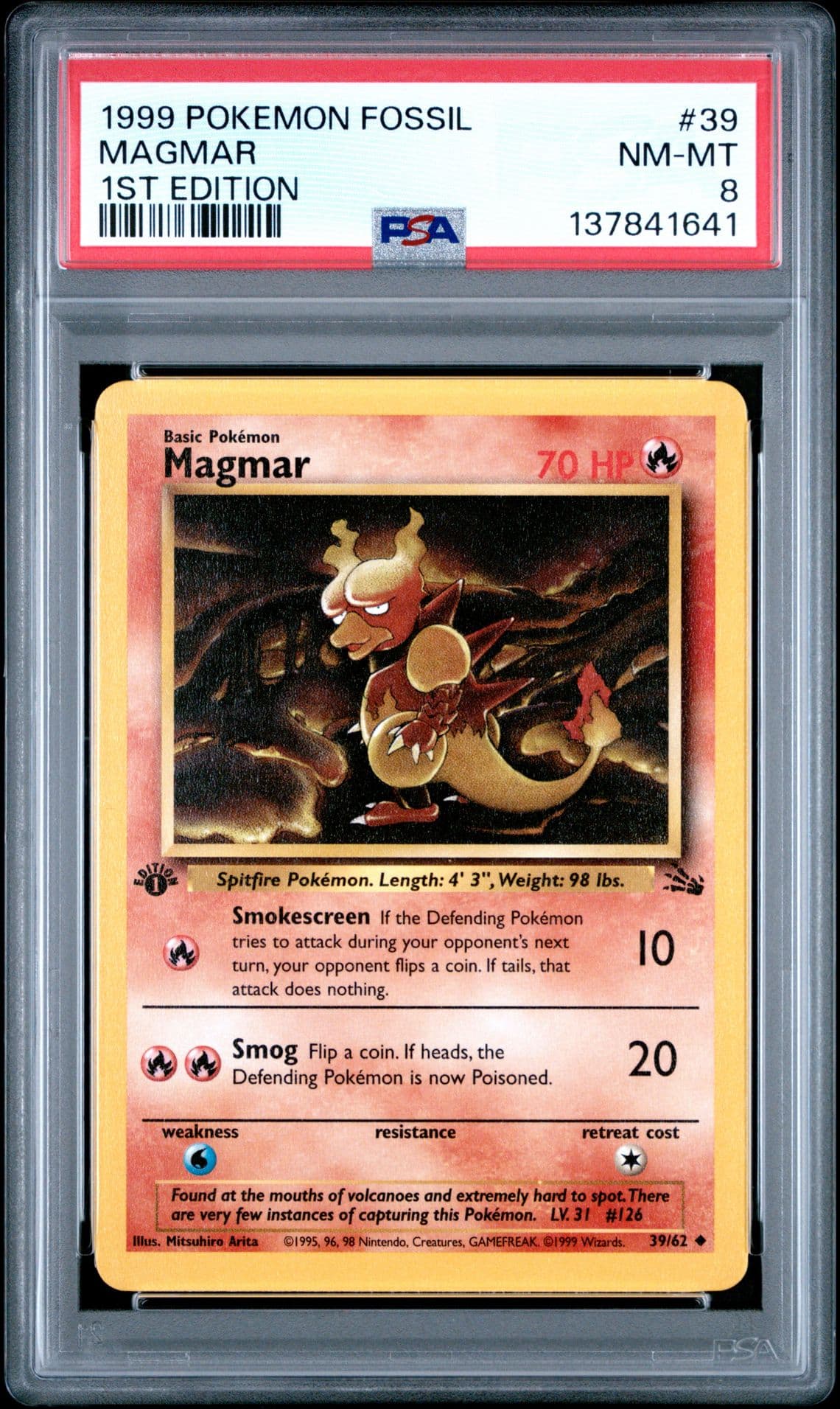 1999 POKEMON FOSSIL 1ST ED #39 MAGMAR PSA 8