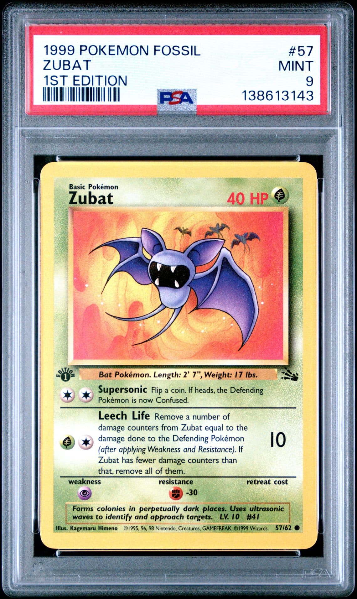 1999 POKEMON FOSSIL 1ST EDITION ZUBAT 57 PSA 9 MINT