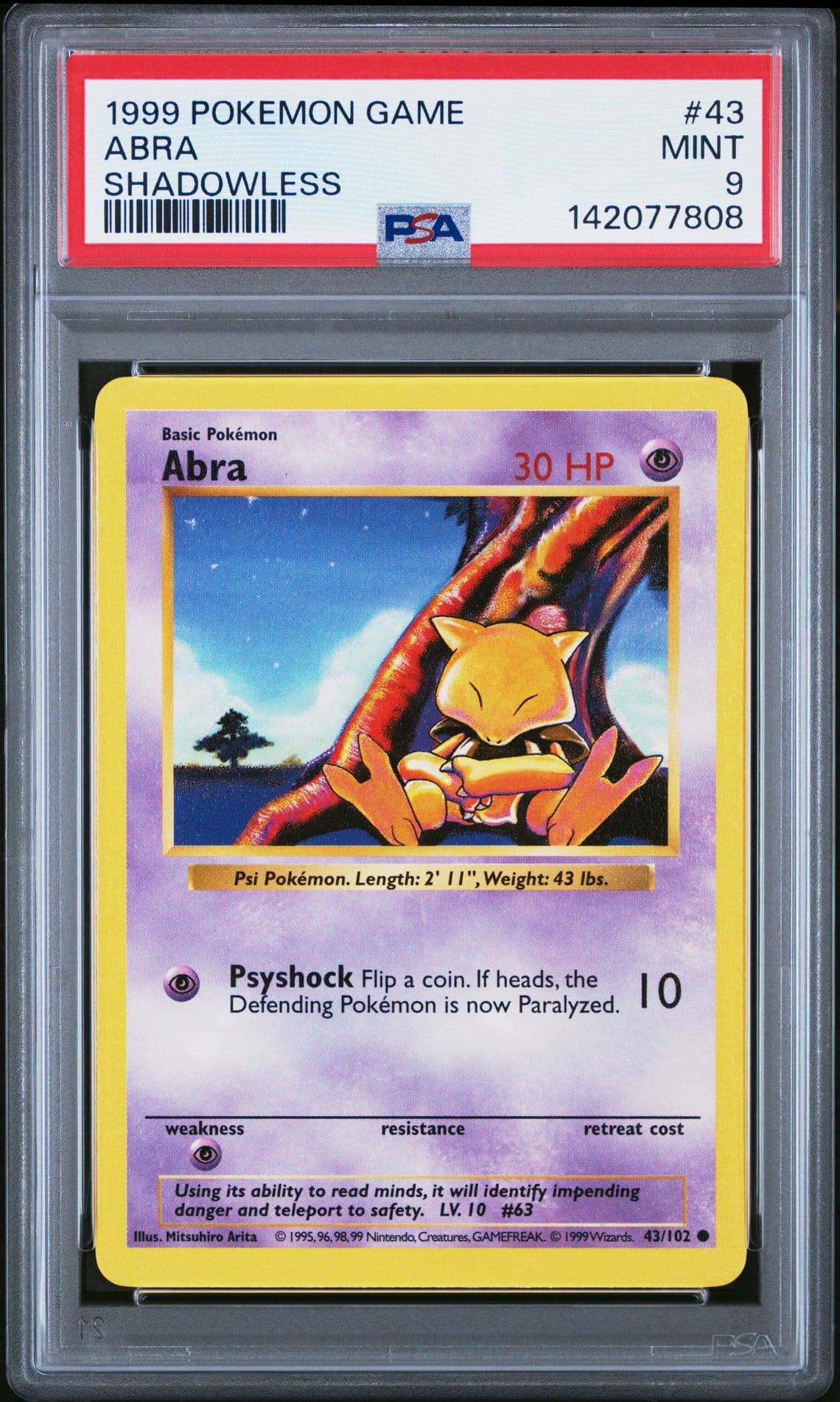 PSA 9 MINT Abra 43/102 SHADOWLESS Base Set Pokemon Card 808