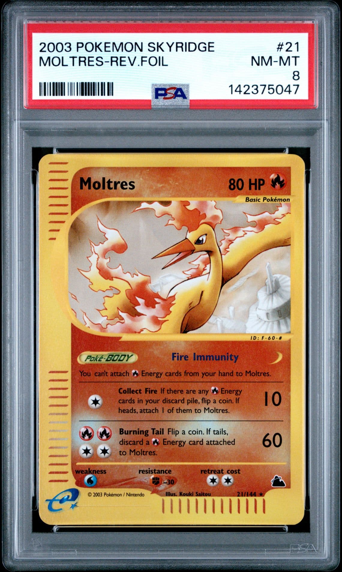 2003 POKEMON SKYRIDGE #21 MOLTRES-REVERSE FOIL PSA 8