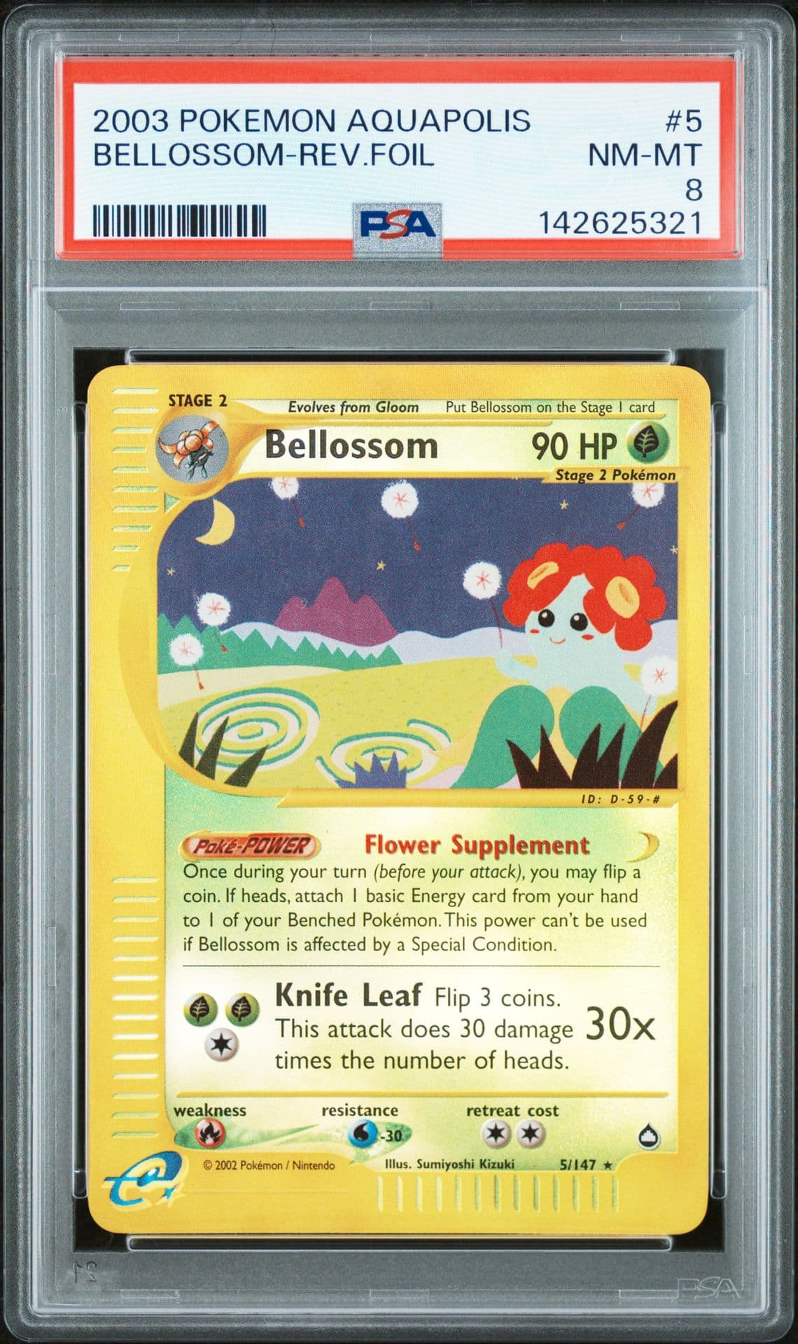 2003 POKEMON AQUAPOLIS #5 BELLOSSOM-REVERSE FOIL PSA 8