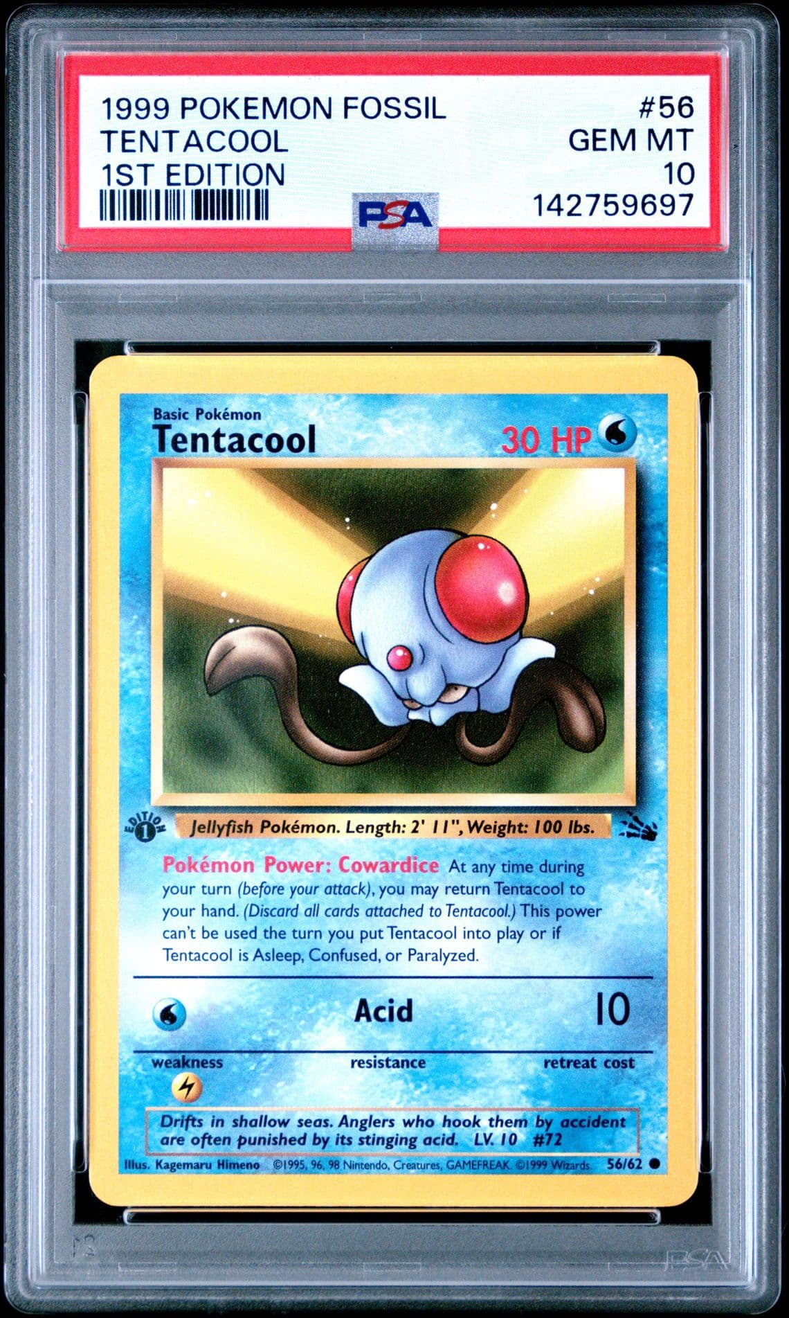 PSA 10 GEM MINT 1999 POKEMON FOSSIL 56 TENTACOOL 1ST EDITION ENGLISH