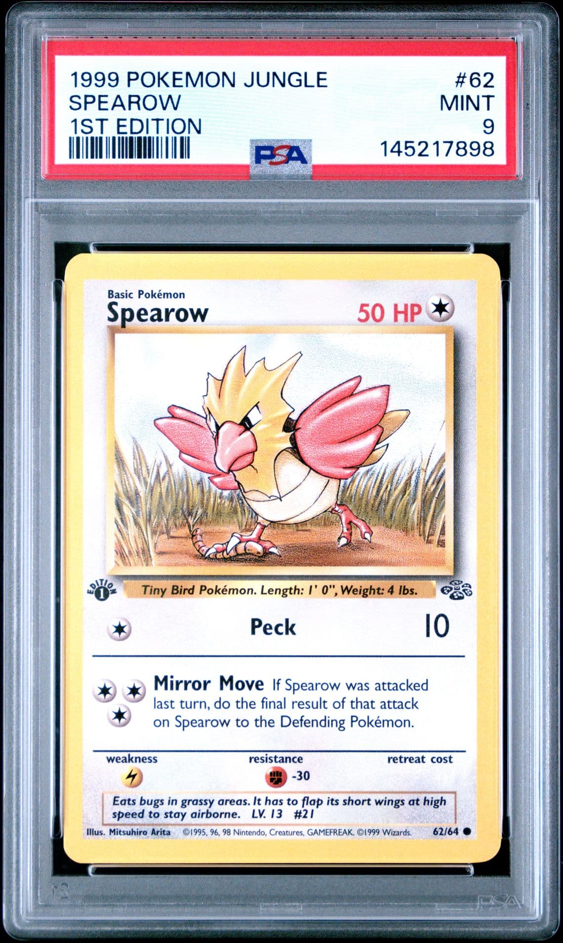 Pokémon 1999 Jungle 1ST EDITION SPEAROW 62/64 PSA 9 MINT RARE