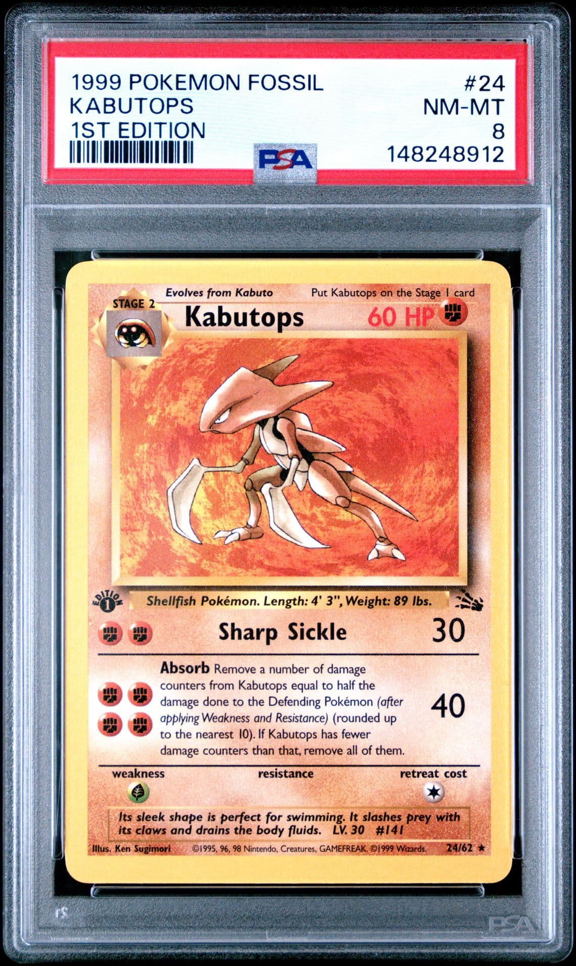 1999 POKEMON FOSSIL 1ST ED #24 KABUTOPS PSA 8