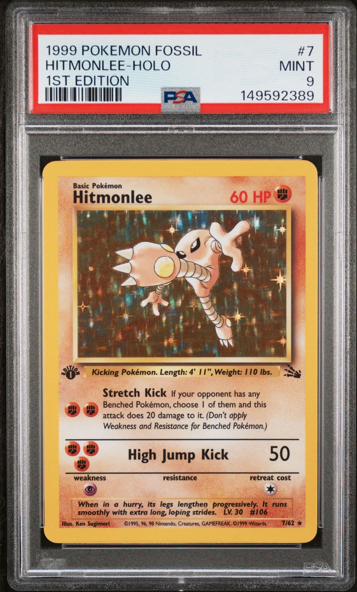 1999 Pokémon Fossil Hitmonlee Holo #7 1st Edition PSA 9 Mint – (REGRADE?)