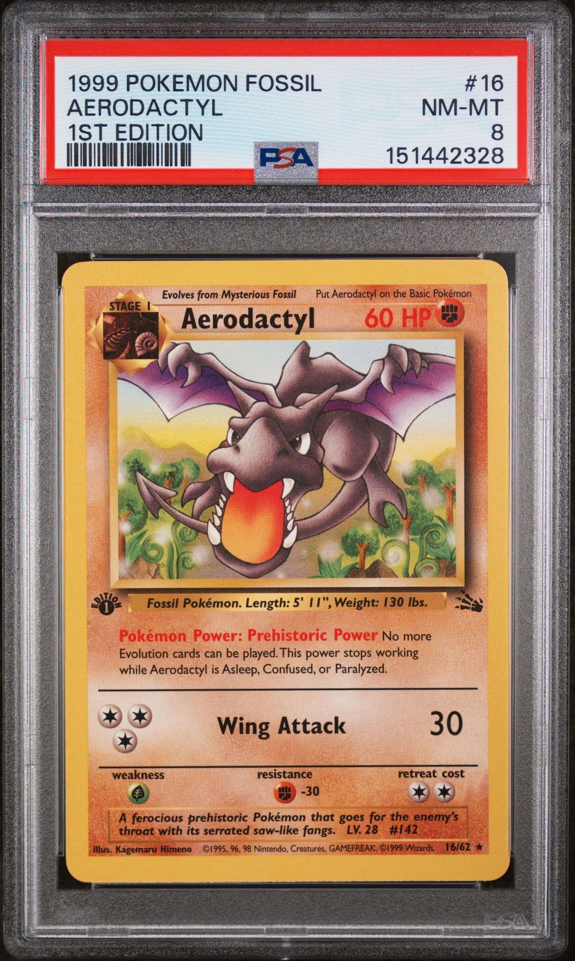 1999 Pokémon Fossil Aerodactyl Rare 16/62 1st Edition English PSA 8 NM-MT