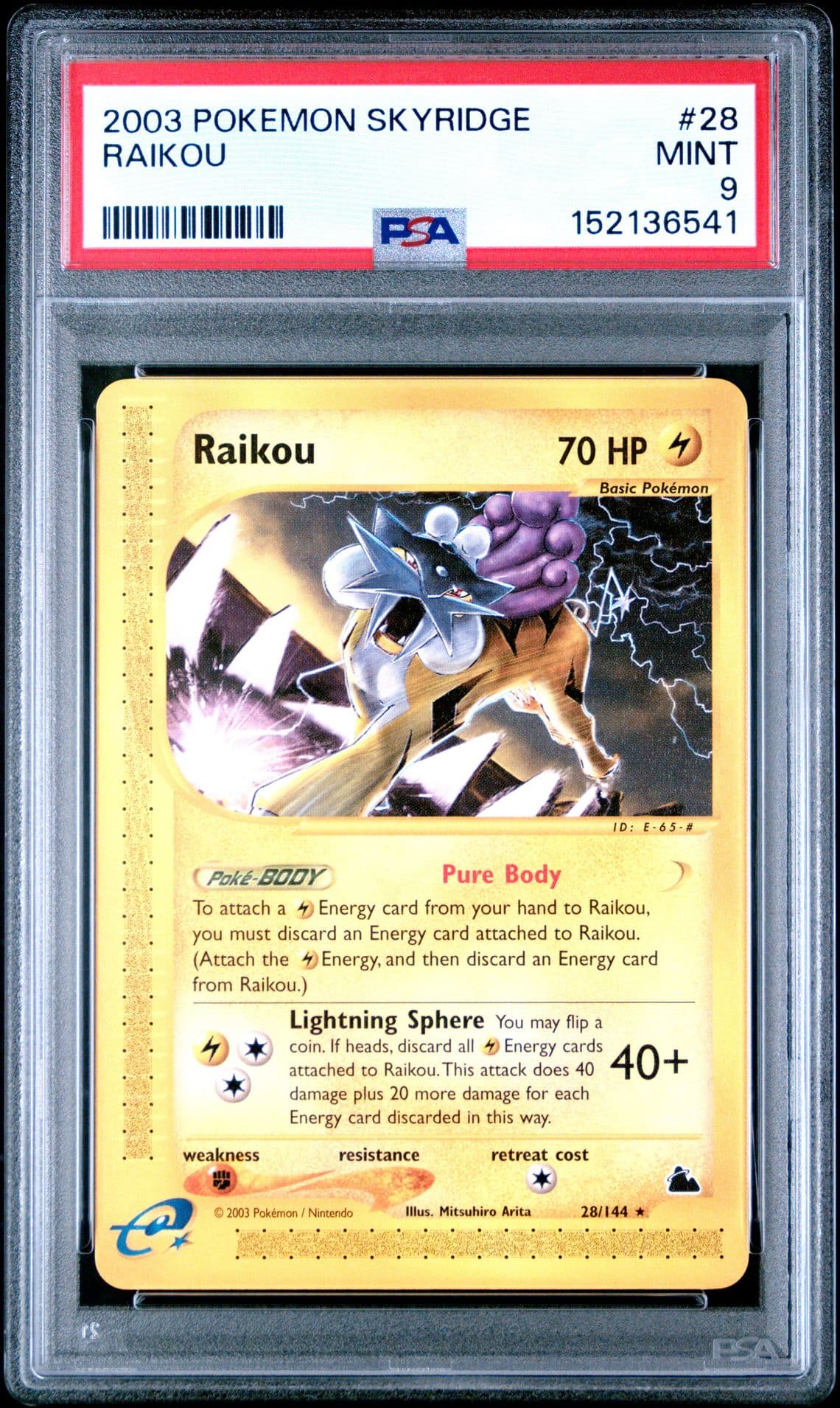 💎🐯Pokemon PSA 9 MINT 2003 Raikou 28/144 Skyridge Rare Card🐅⚡️Pop 100 💯