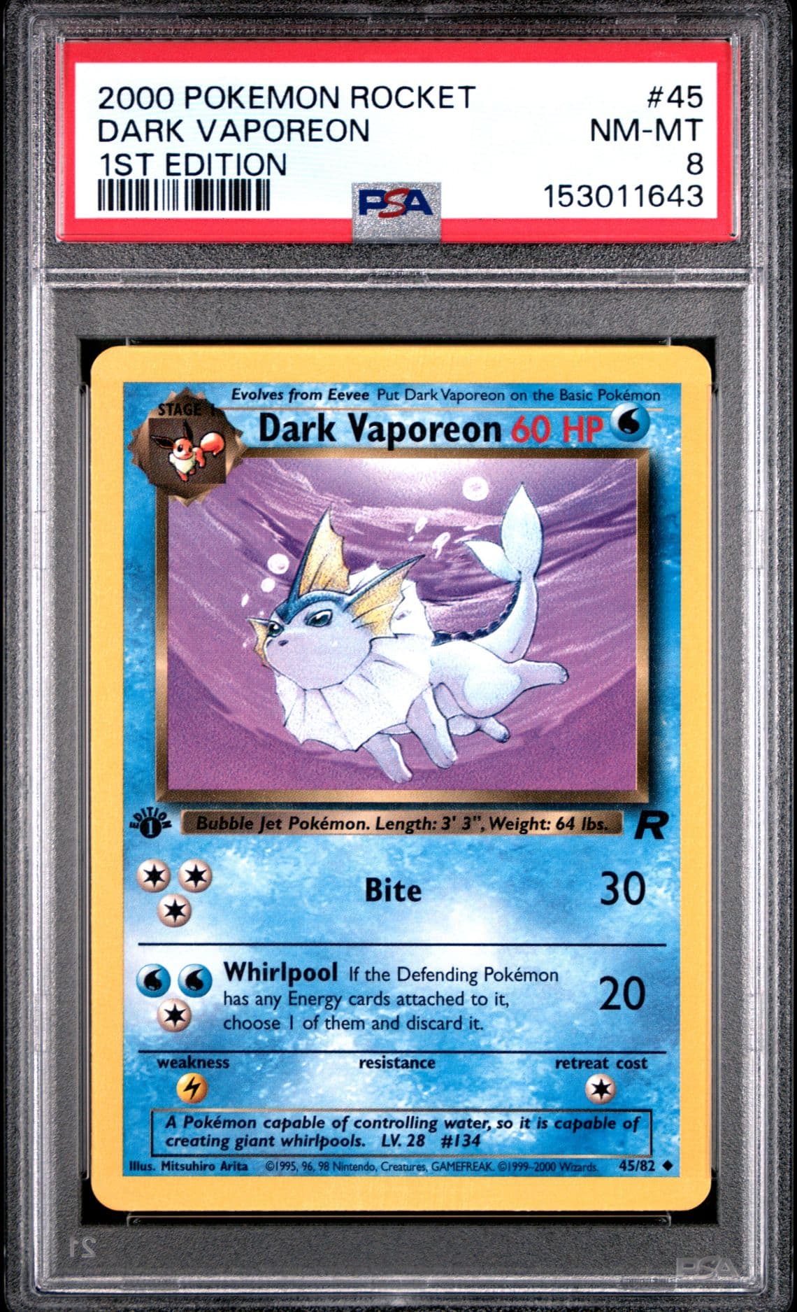 2000 Pokemon Team Rocket 1st Edition Dark Vaporeon #45 45/82 PSA 8 NM-MT