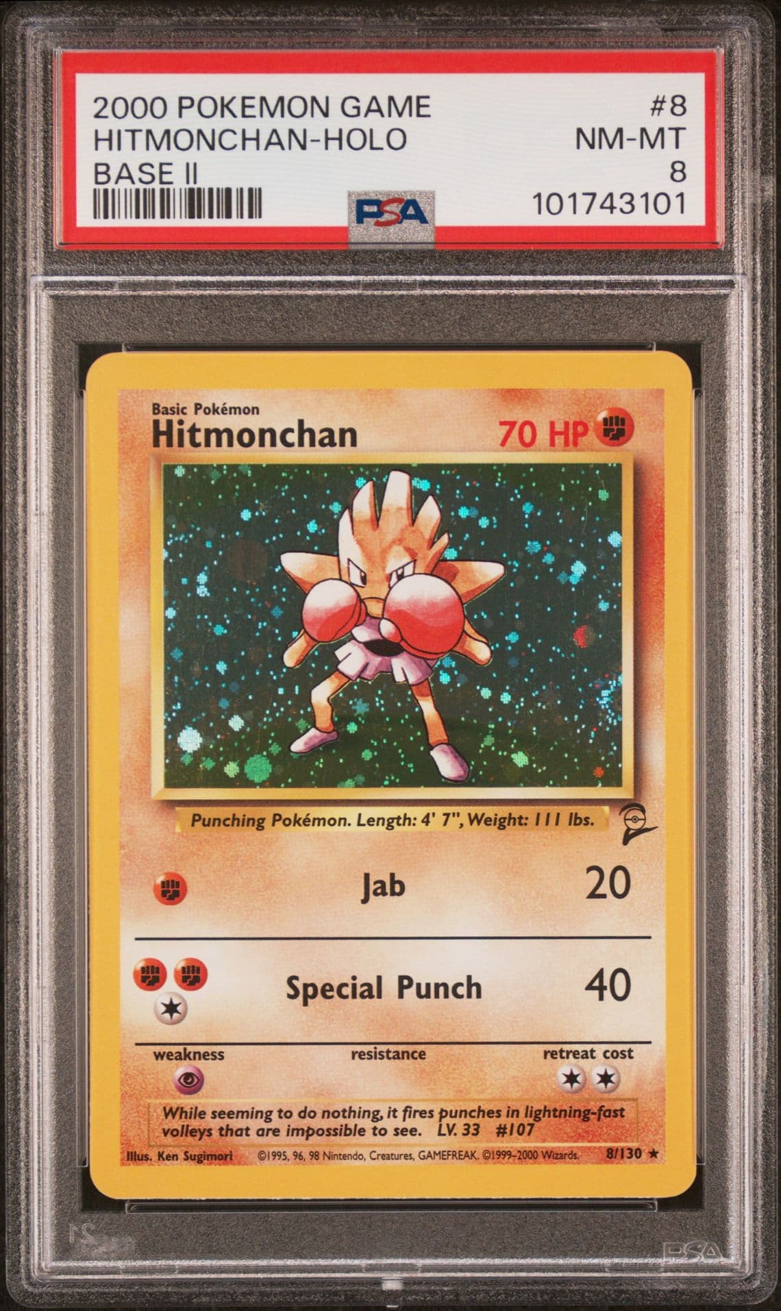 2000 POKÉMON HITMONCHAN - BASE SET 2 - 008/130 HOLO - PSA 8