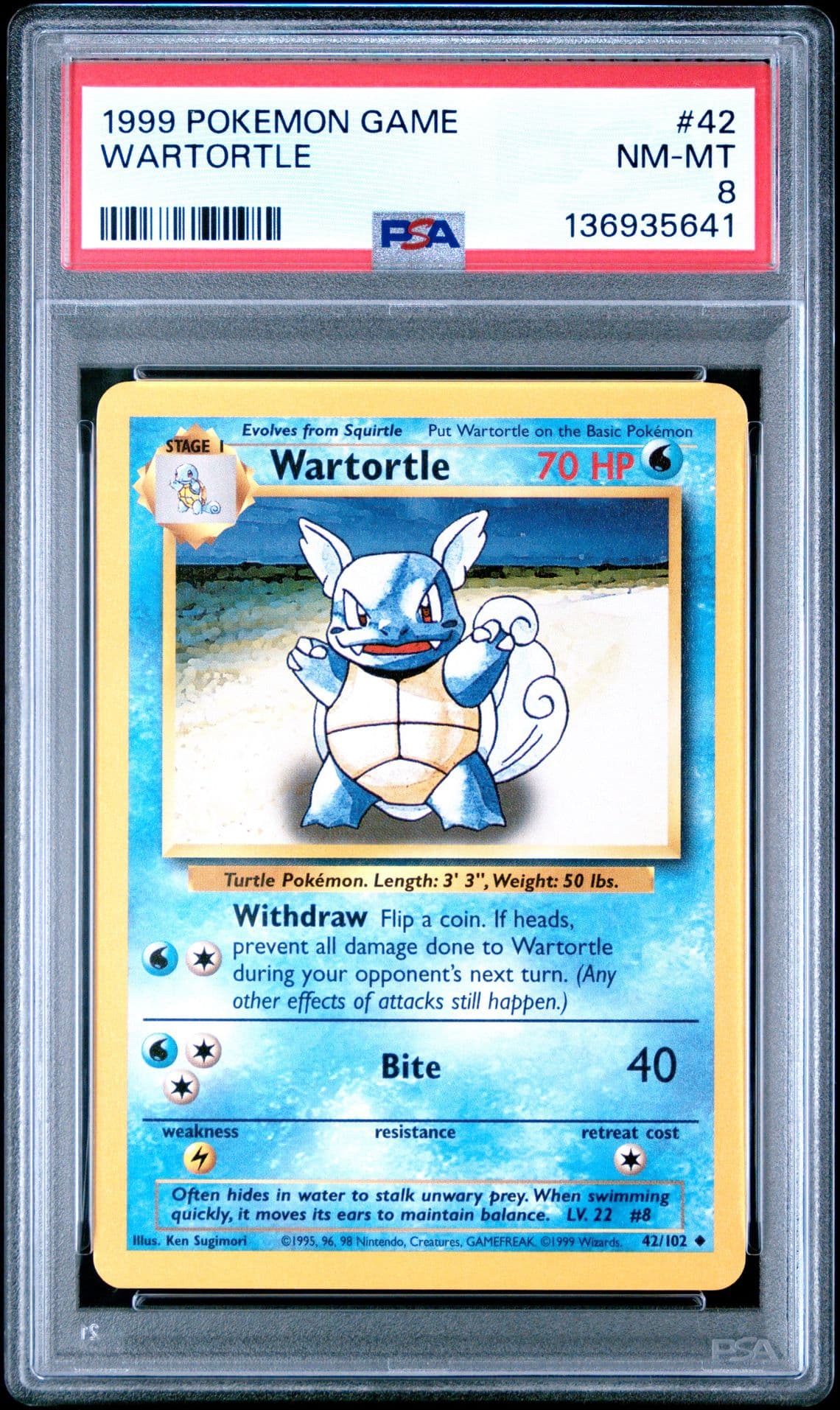 1999 POKEMON BASE SET UNLIMITED #42 WARTORTLE PSA 8