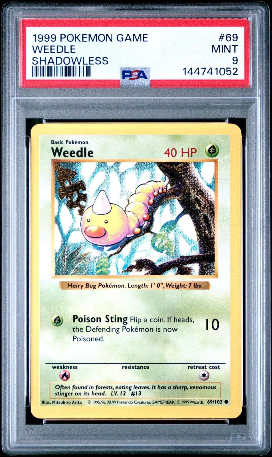 1999 POKEMON BASE SET SHADOWLESS #69 WEEDLE PSA 9