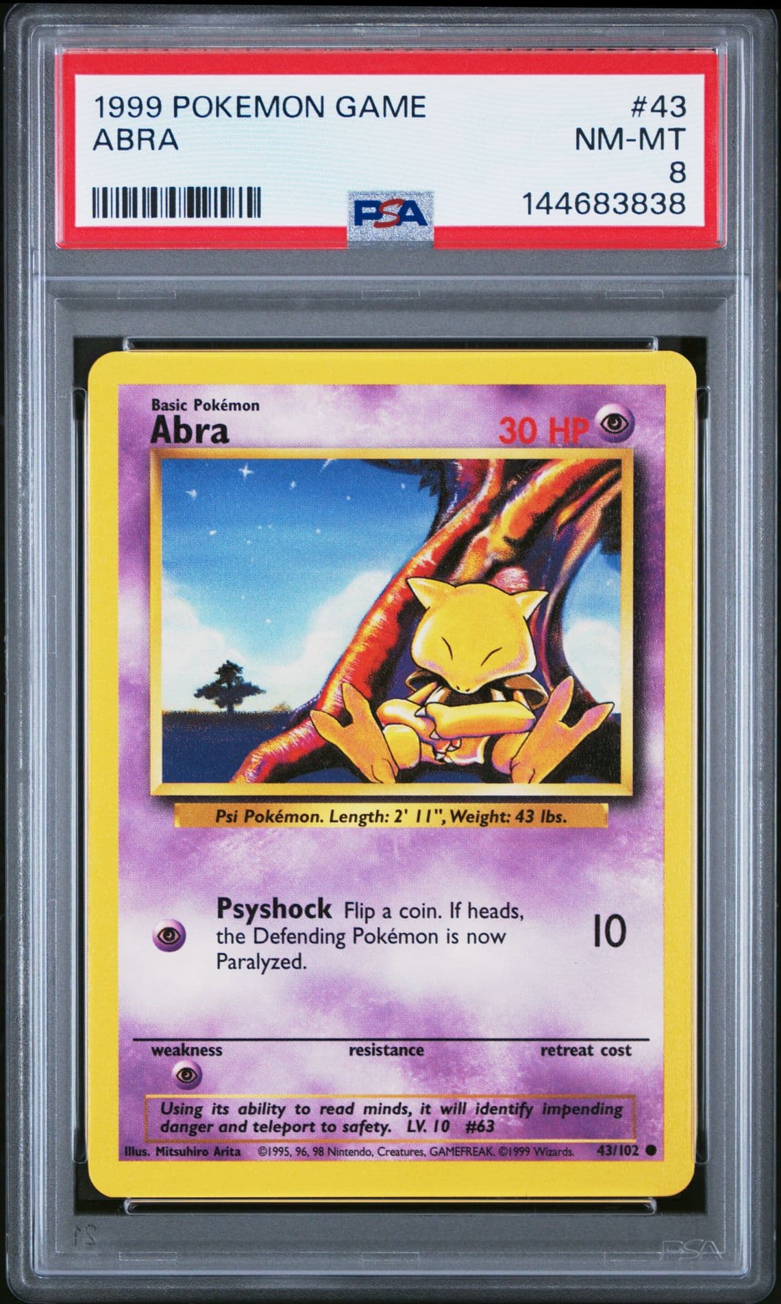 1999 POKEMON BASE SET UNLIMITED #43 ABRA PSA 8